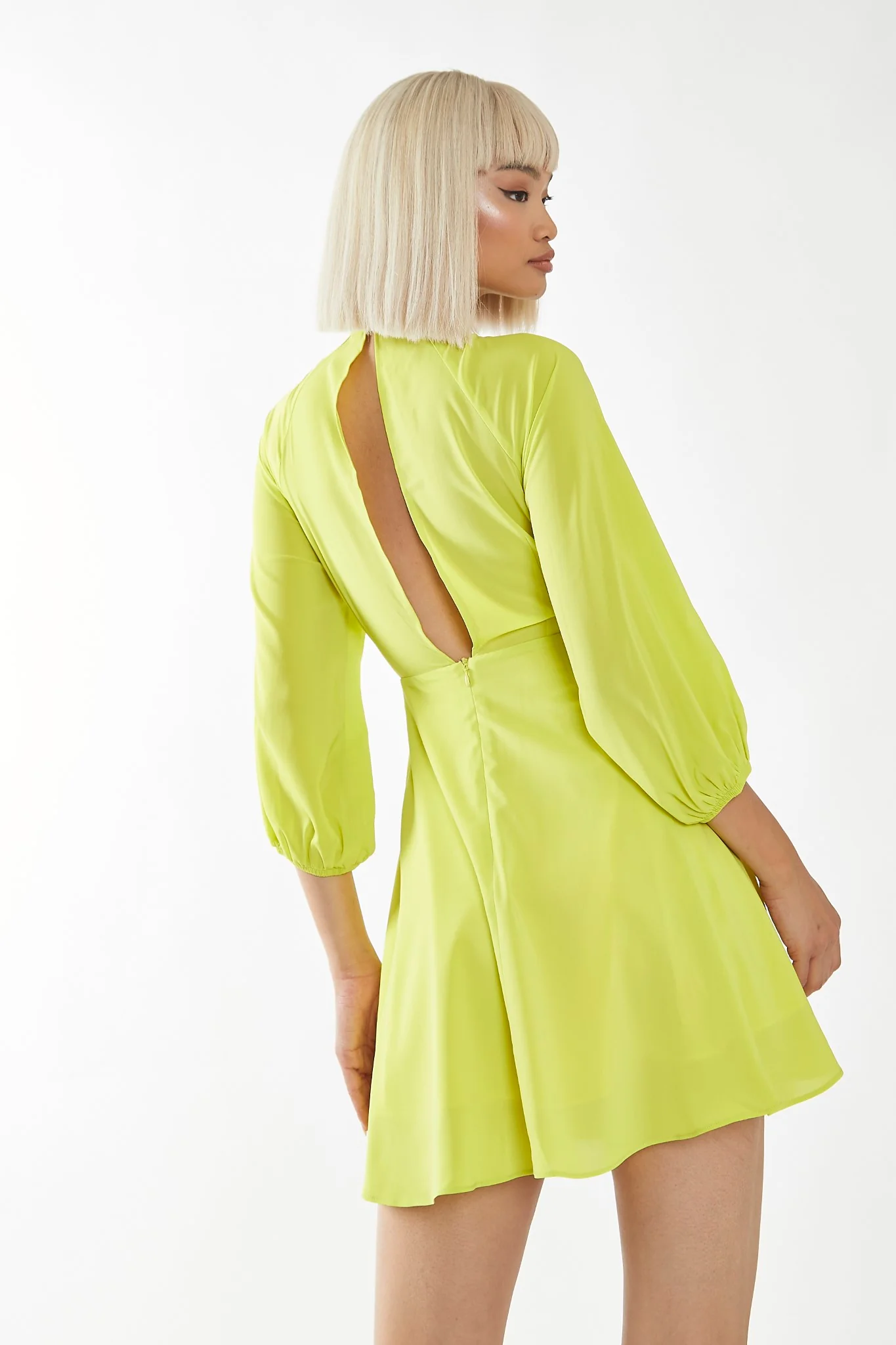 Acid-Yellow High Neck Open Back Mini-Dress - Image 2