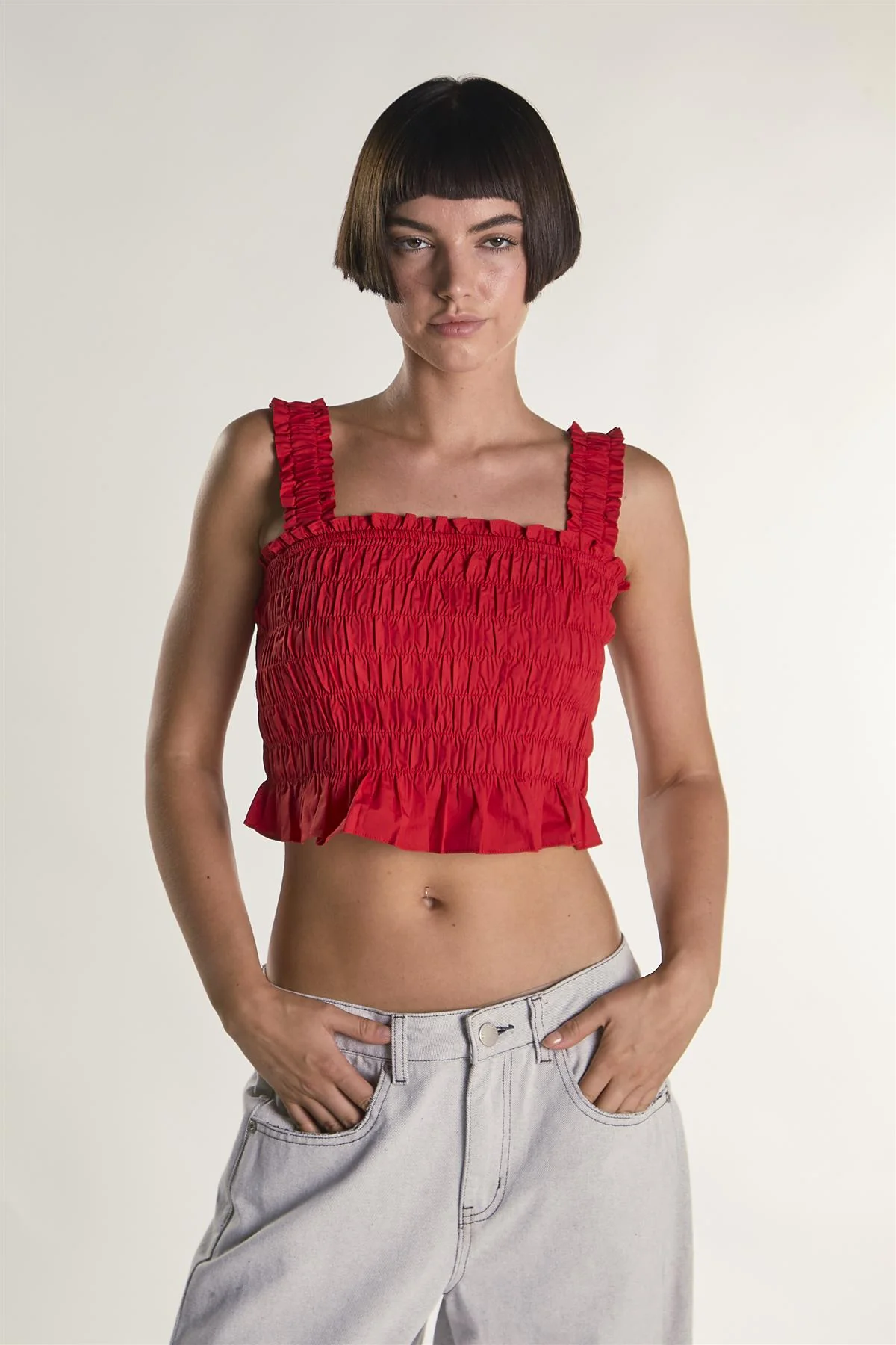 Red Cropped Smocked Top