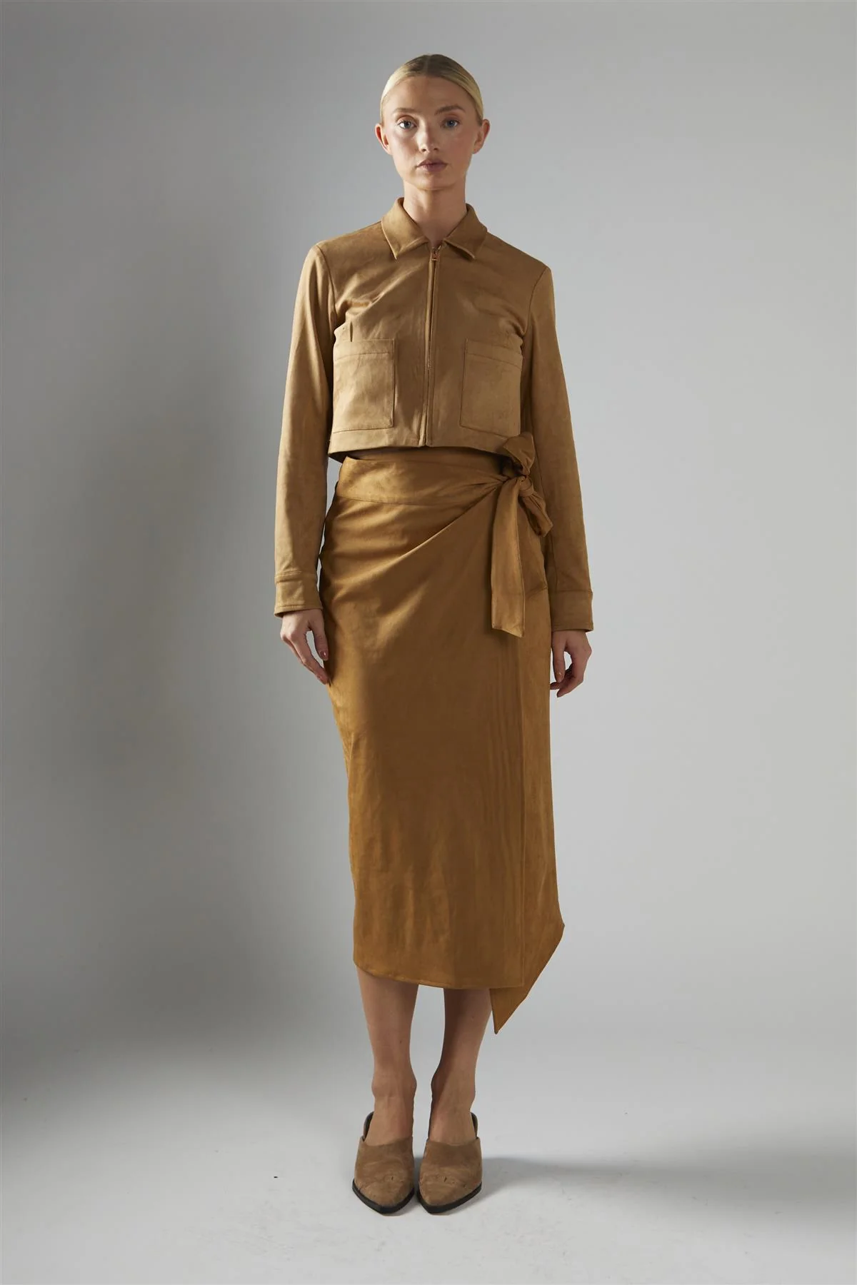 Angled Hem Midi Wrap Skirt - Camel