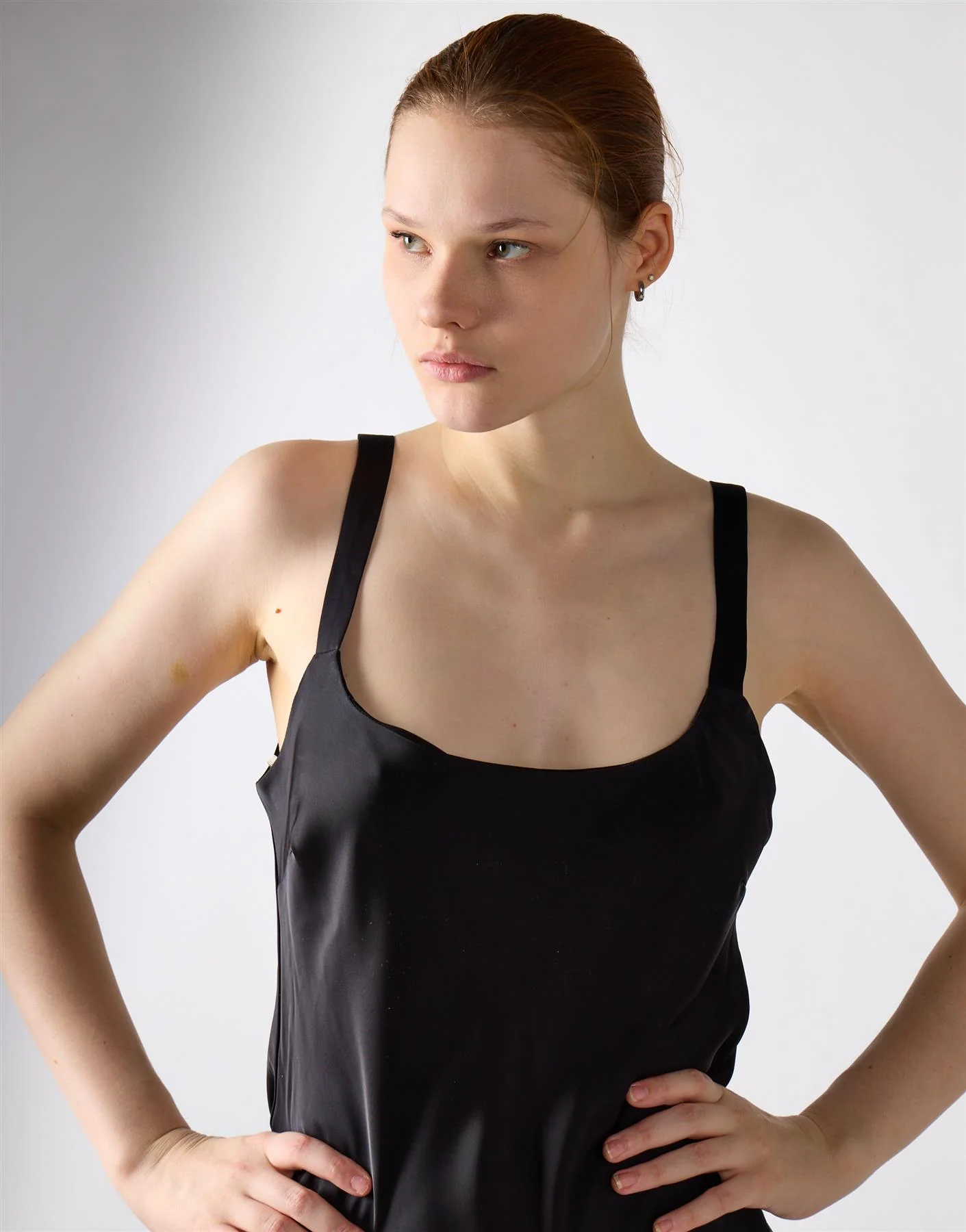Asymmetrical Scoop Neck Midi Dress - Black Satin - Image 3