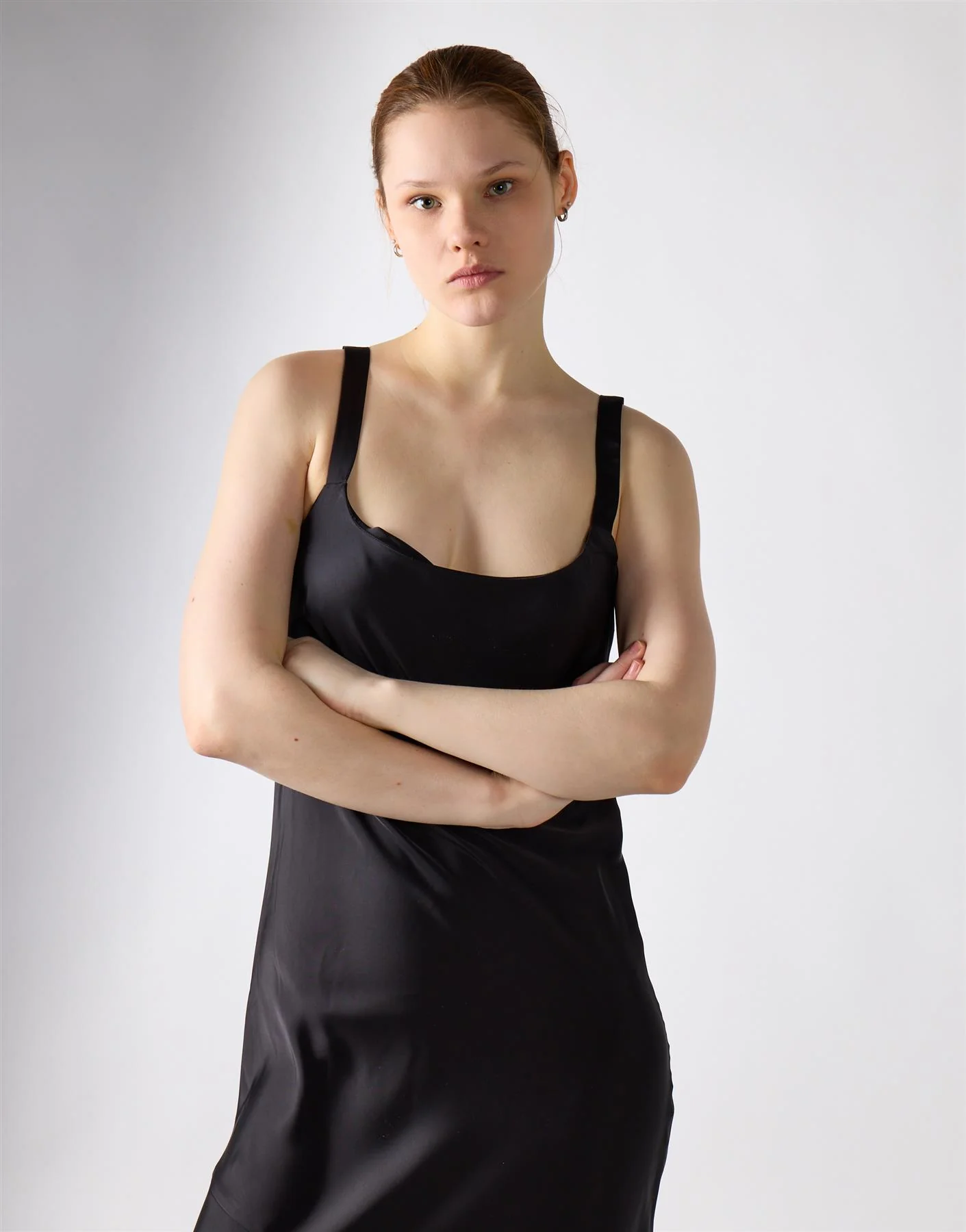 Asymmetrical Scoop Neck Midi Dress - Black Satin - Image 4