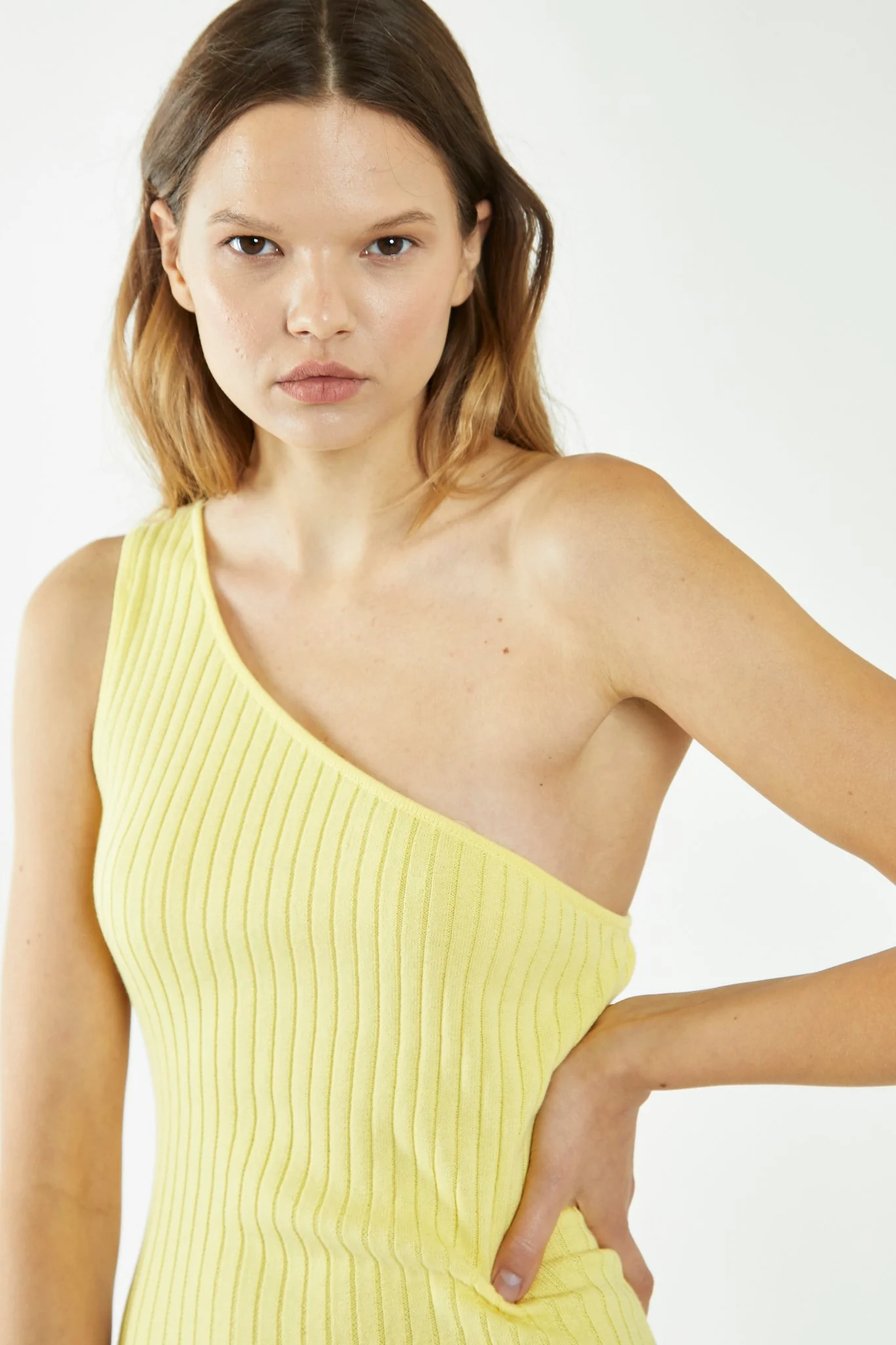 Banana-Yellow Rib-Knit Asymmetric Midi Dress - Image 3