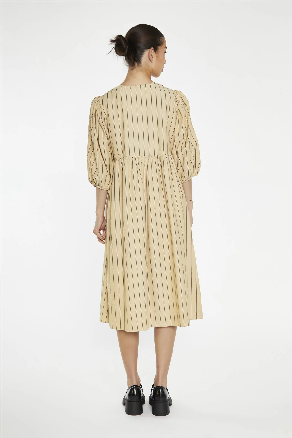 Beige-Brown Stripe Tie-Front Midi-Dress - Image 2