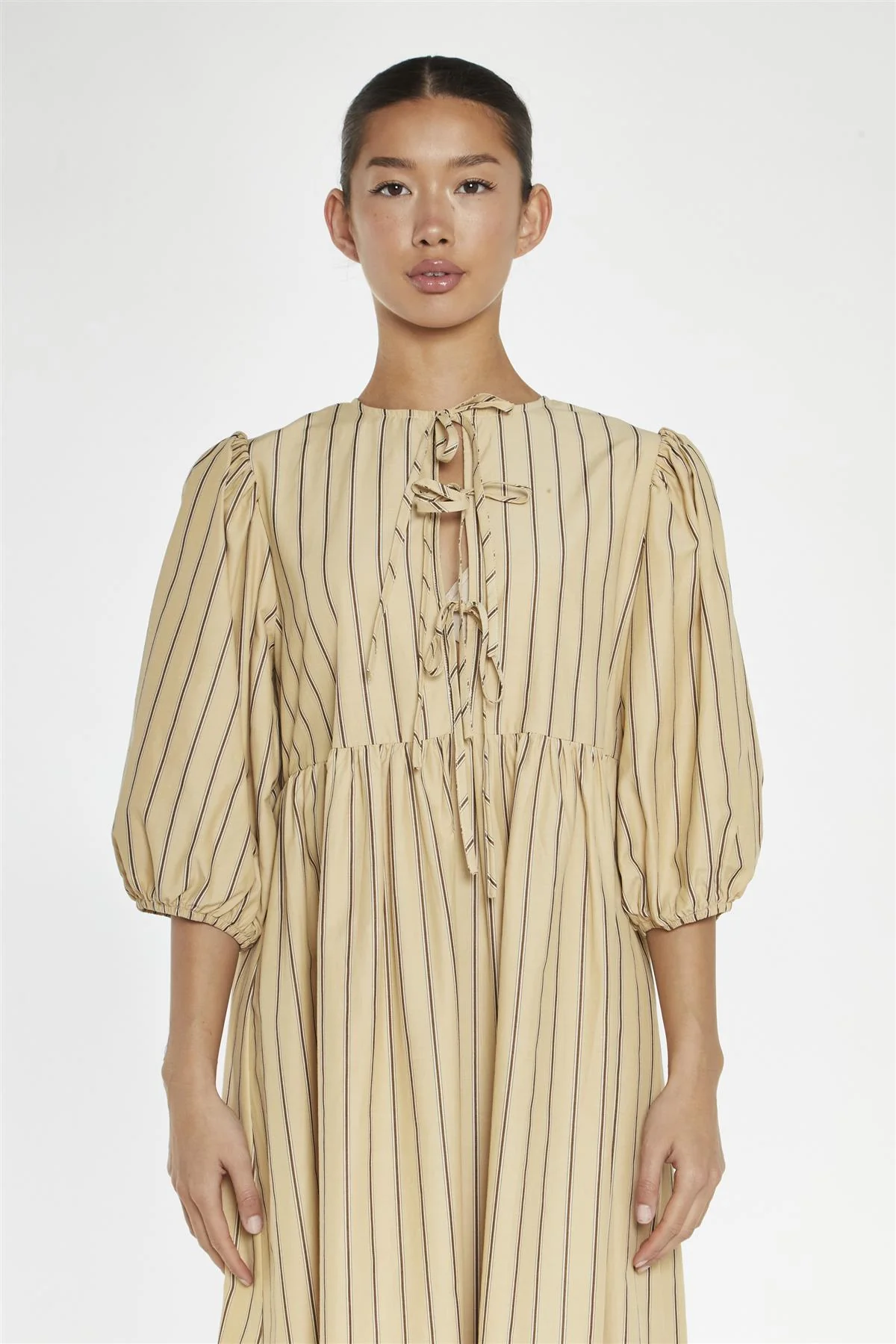Beige-Brown Stripe Tie-Front Midi-Dress - Image 3