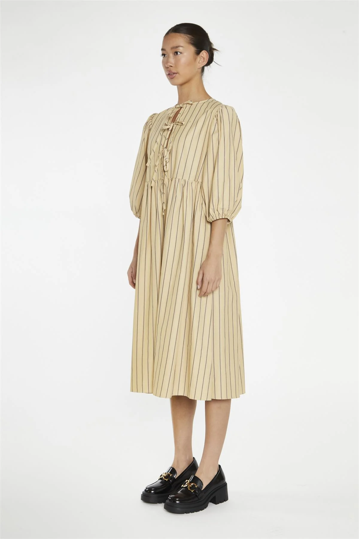 Beige-Brown Stripe Tie-Front Midi-Dress - Image 4