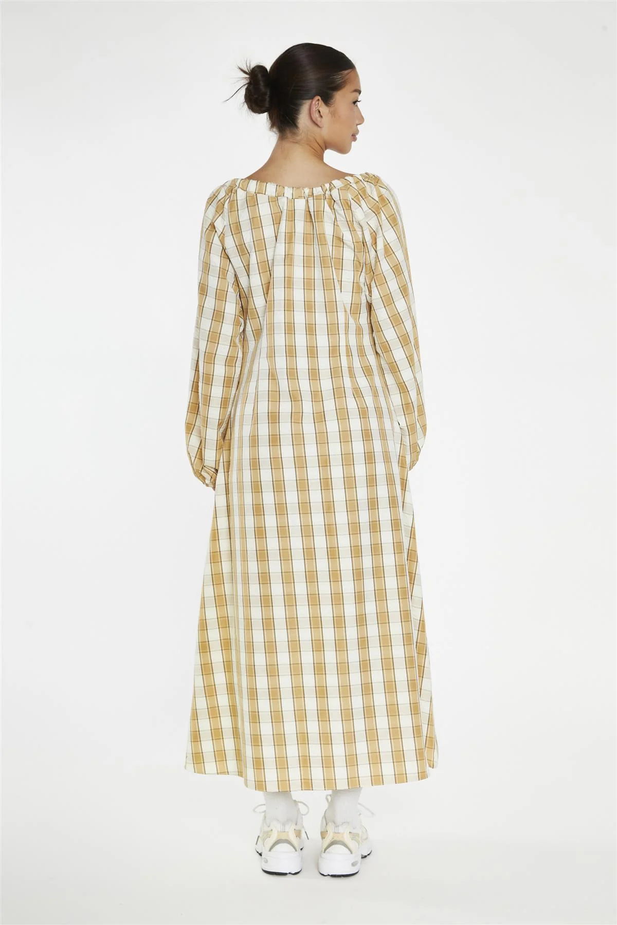 Beige-Cream Check Gathered Tie-Neck Midi-Dress - Image 2