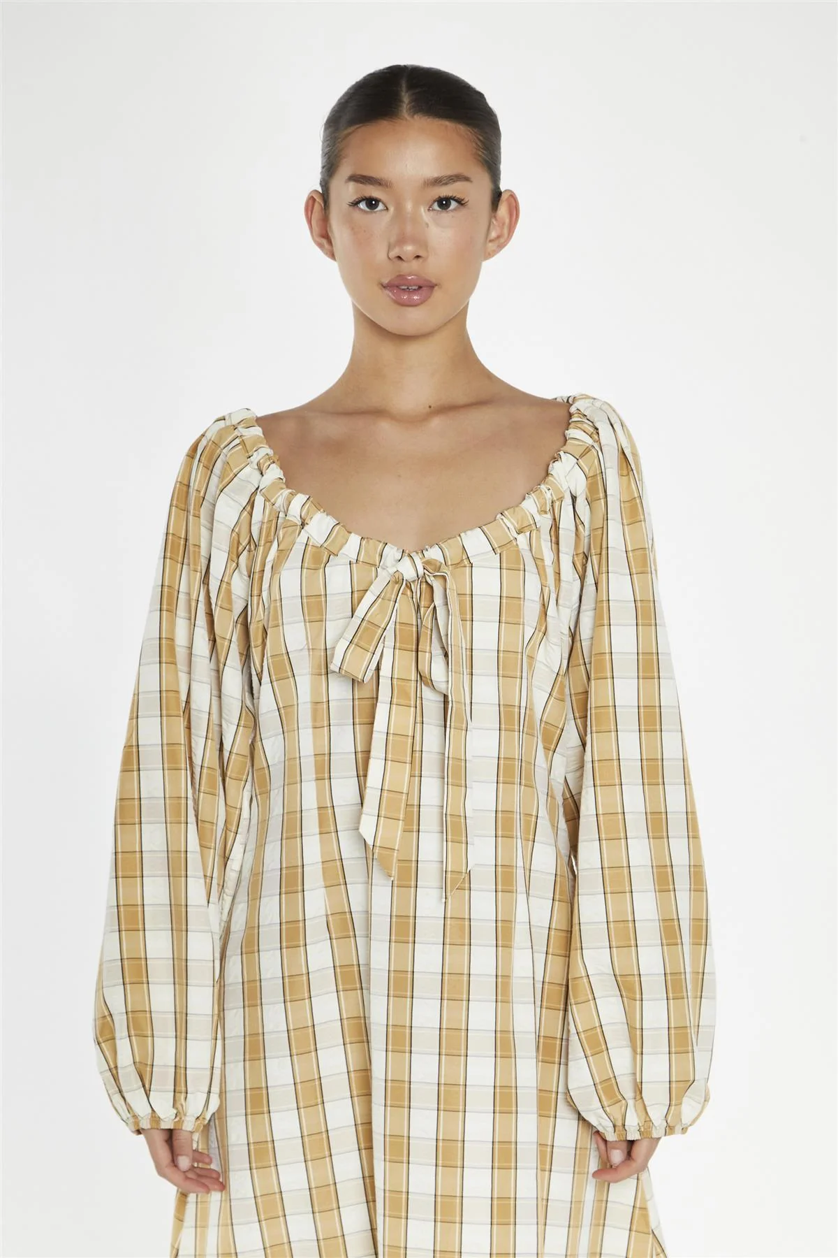 Beige-Cream Check Gathered Tie-Neck Midi-Dress - Image 3