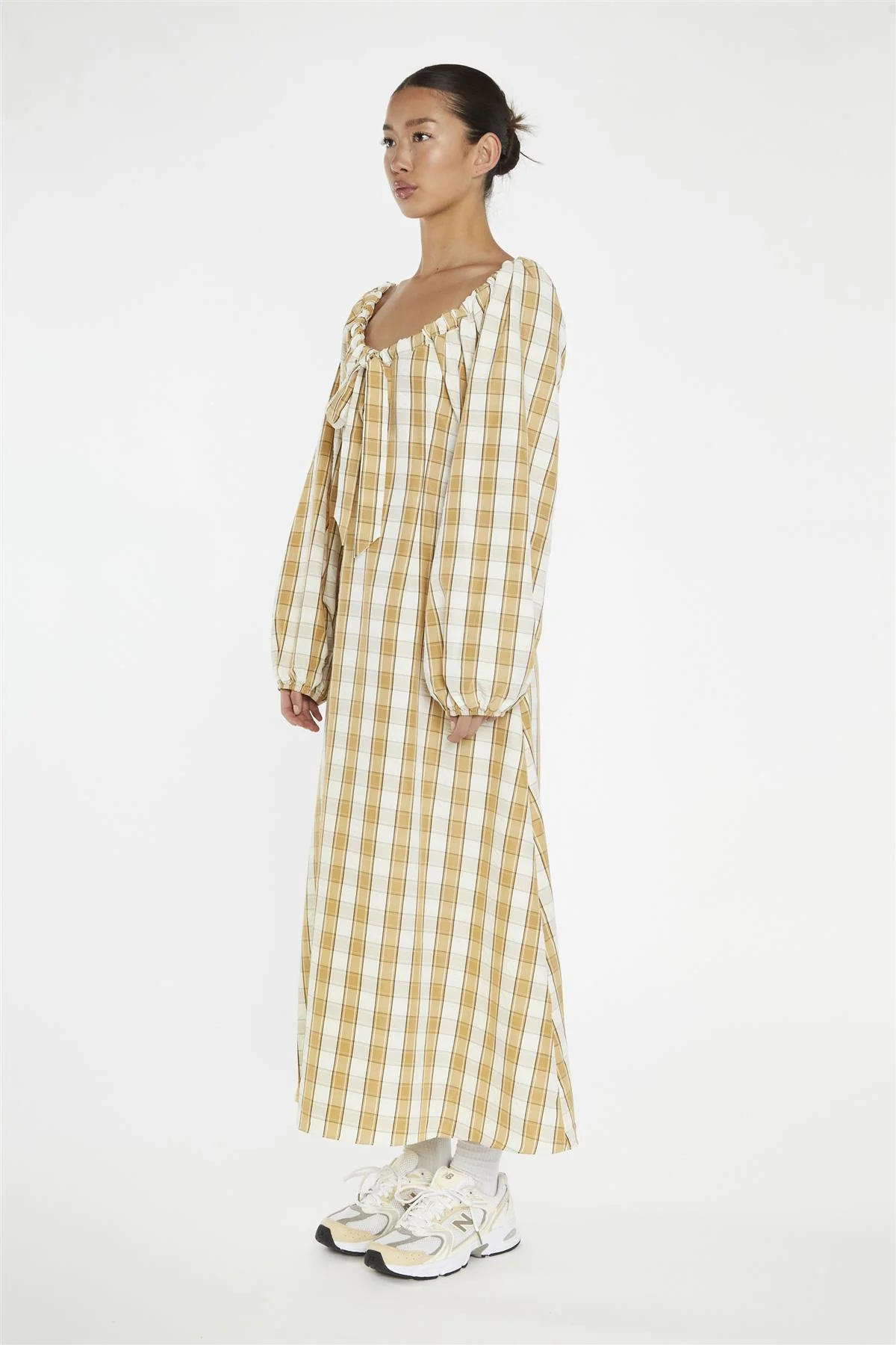 Beige-Cream Check Gathered Tie-Neck Midi-Dress - Image 4