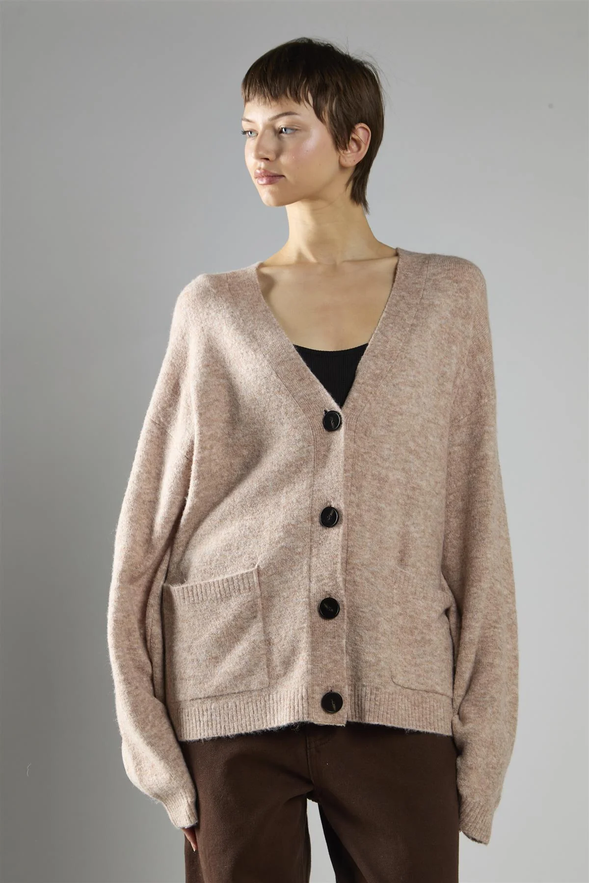 Beige Marl Button-Front V-Neck Cardigan - Image 3