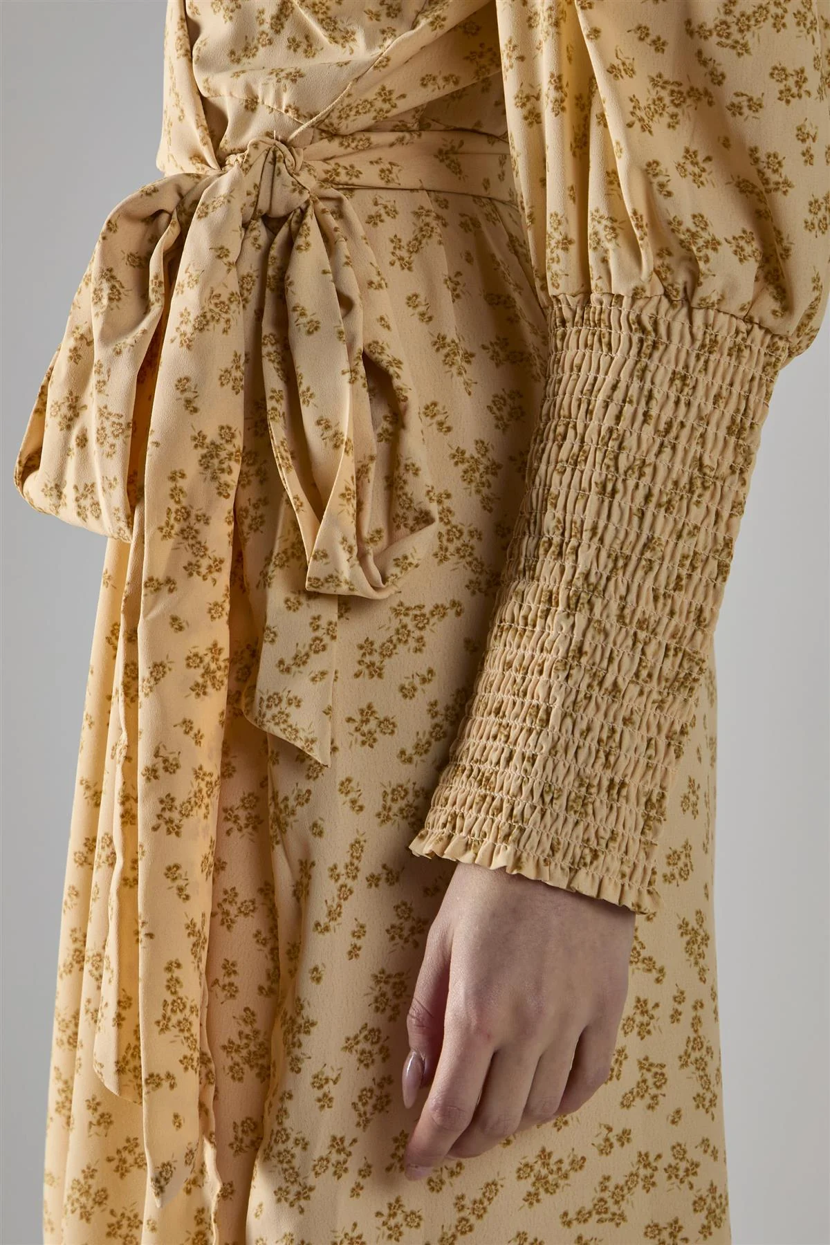 Beige-Mustard-Ditsy Wrap Midi-Dress - Image 3