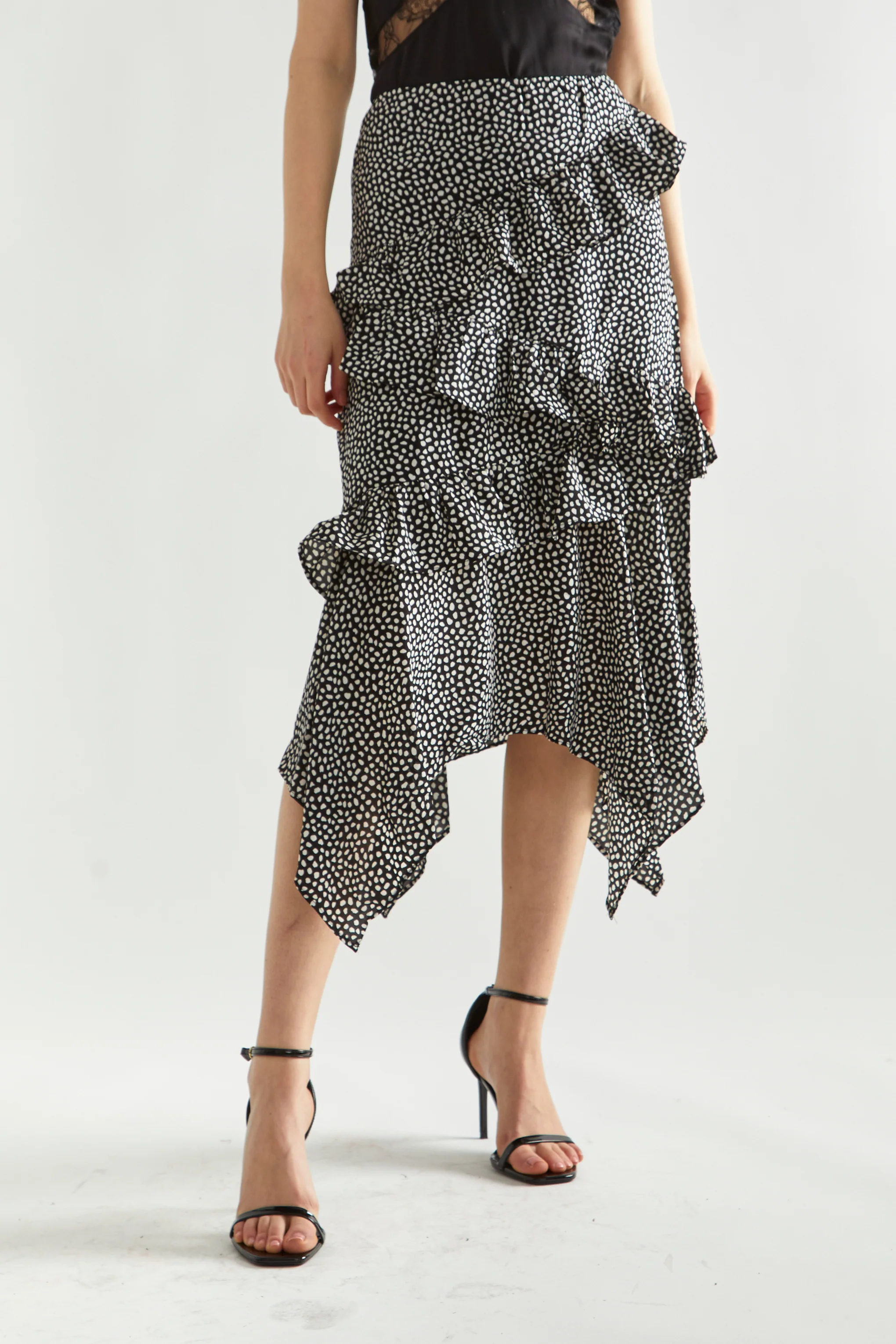 Black-Animal Spot Asymmetric Ruffle Midi-Skirt - Image 3