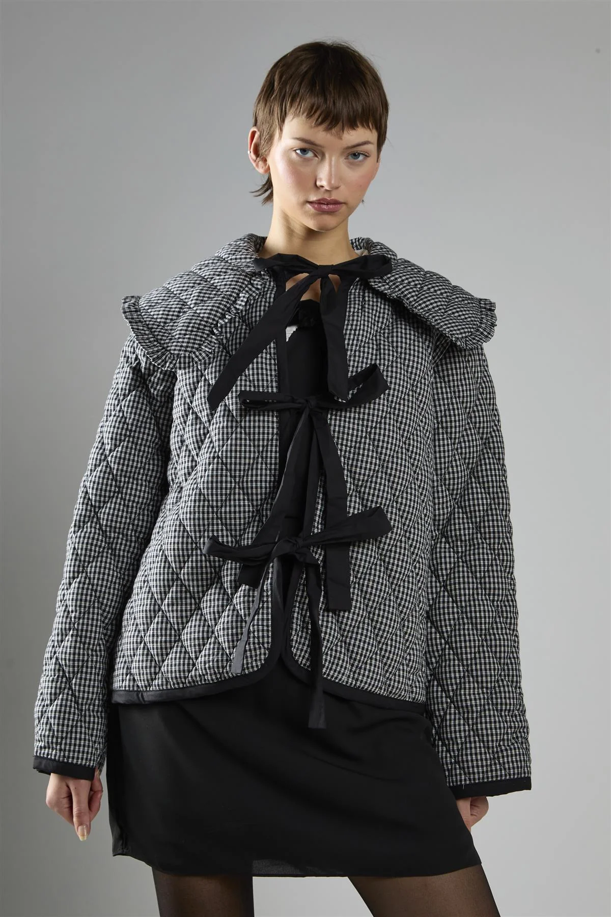 Black Check Quilted Collared Jacket - Image 3