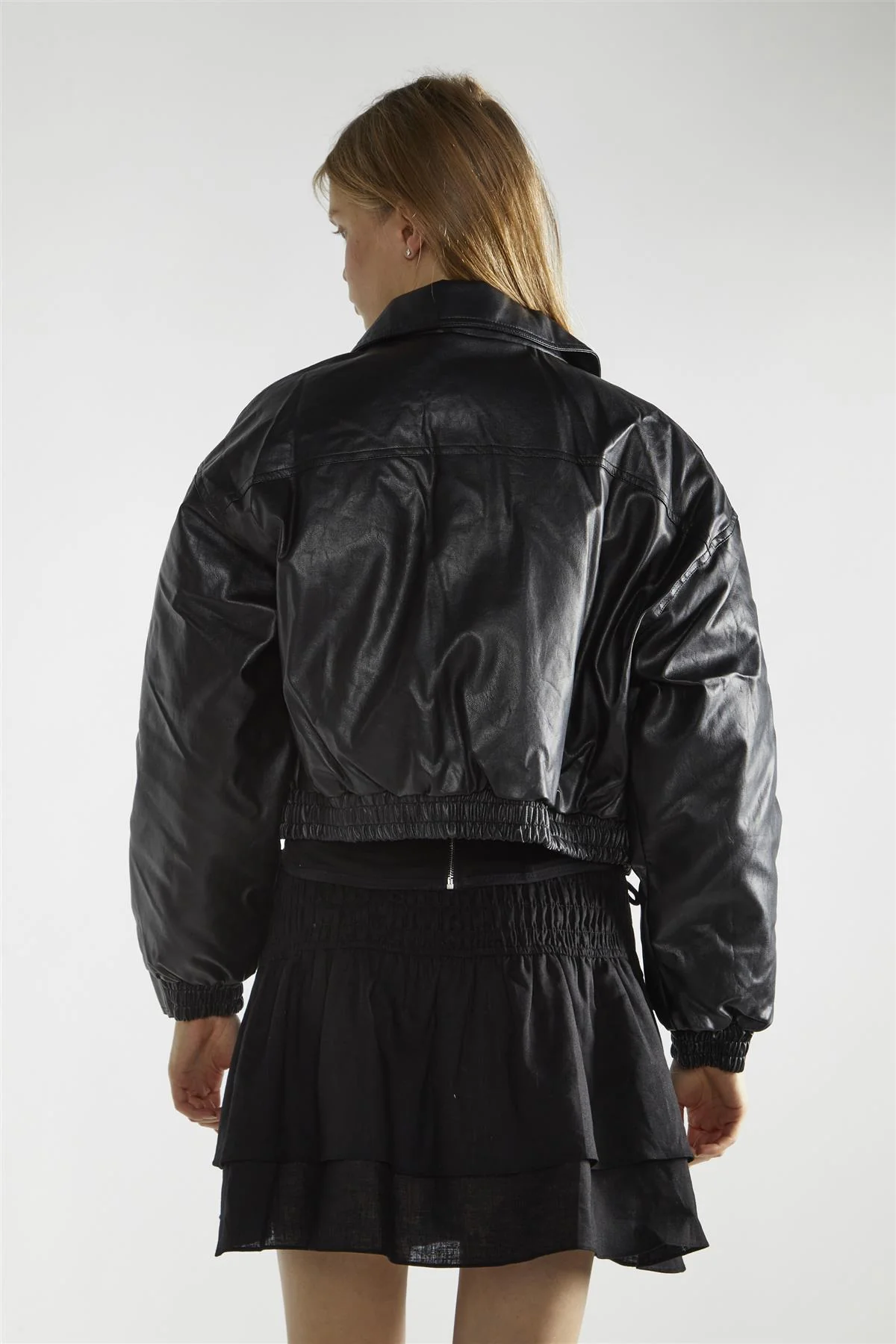 Black Cropped Bomber Jacket - Image 2
