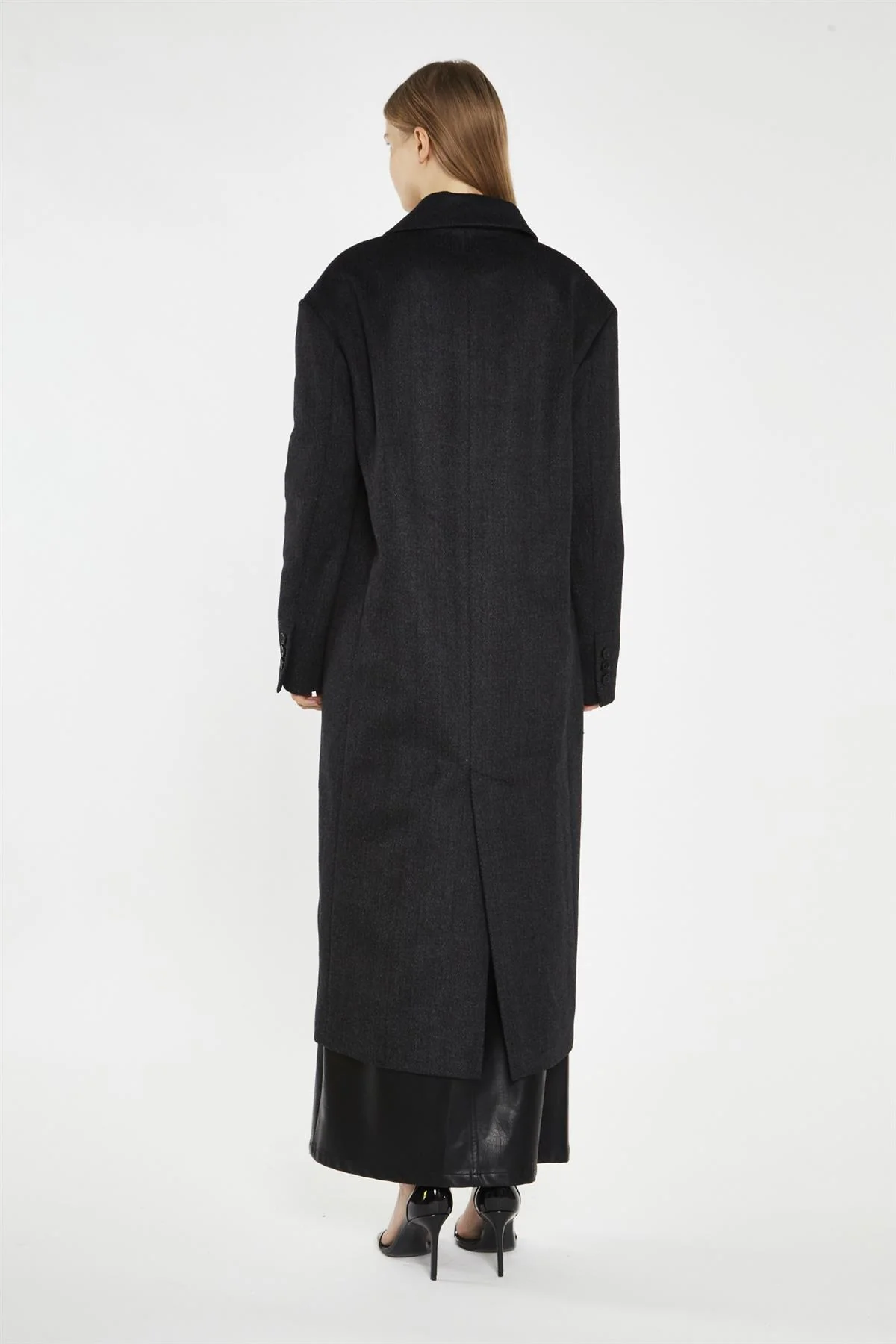 Black Herringbone Oversized Longline-Coat - Image 2