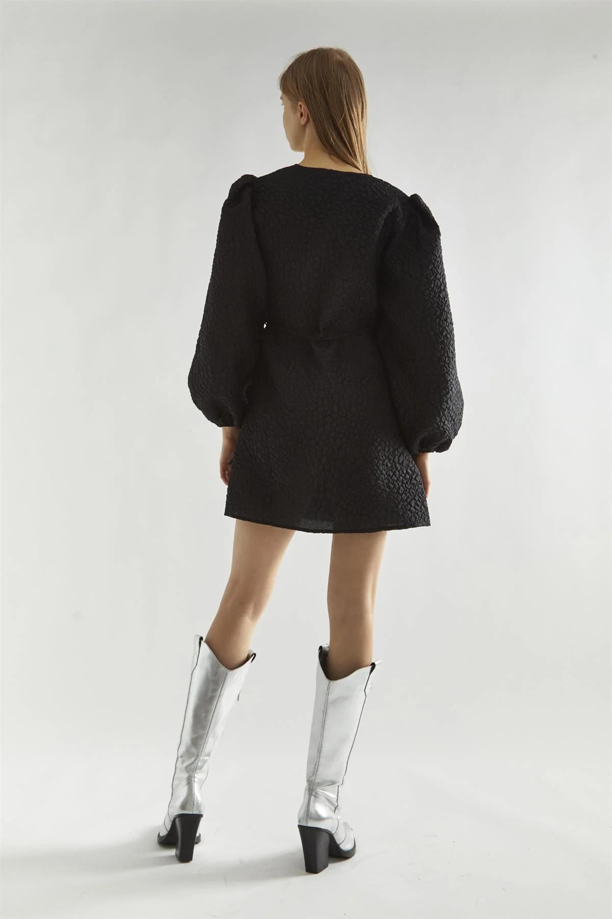 Black Jacquard V-Neck Tie Waist Mini Dress - Image 3