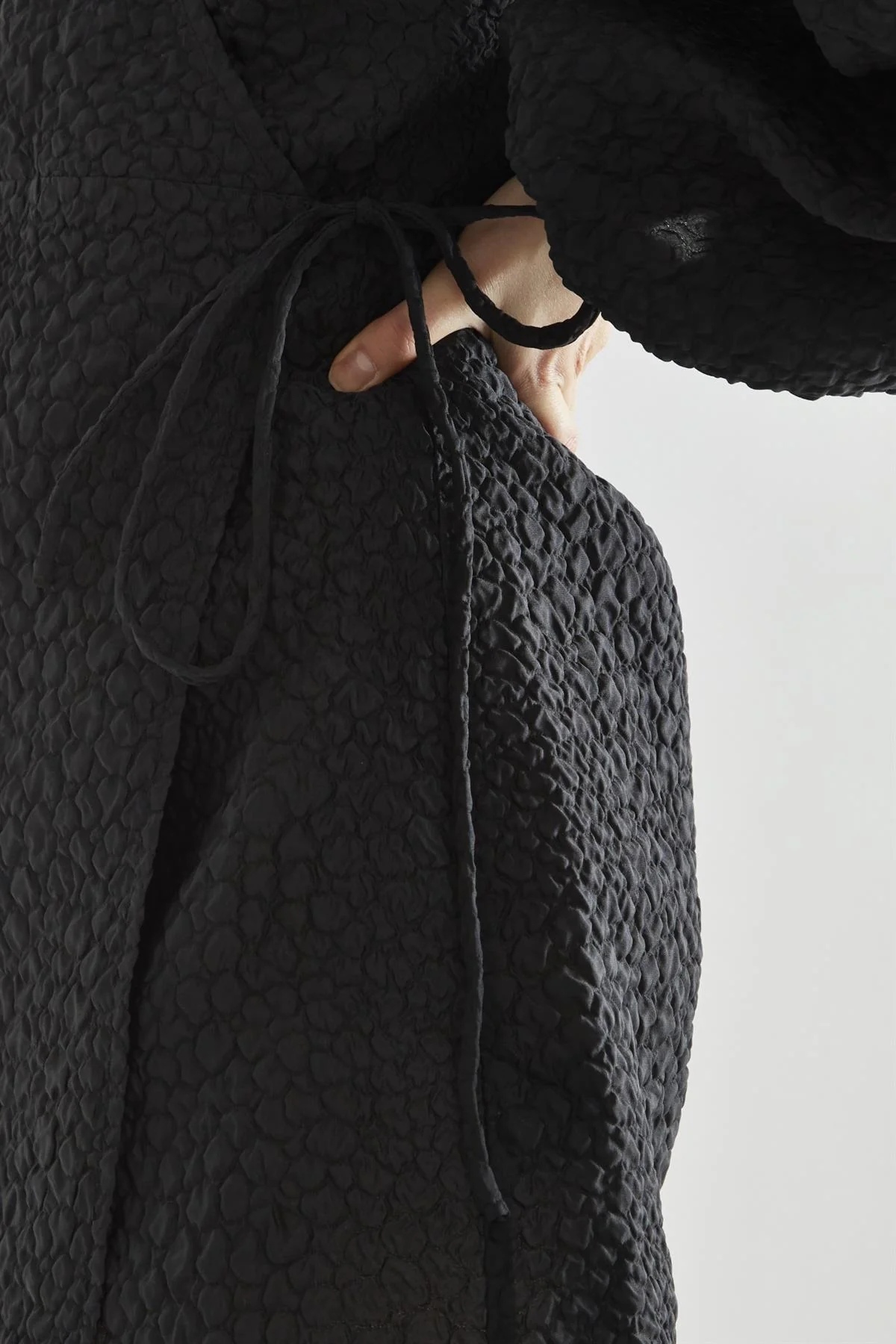 Black Jacquard V-Neck Tie Waist Mini Dress - Image 4