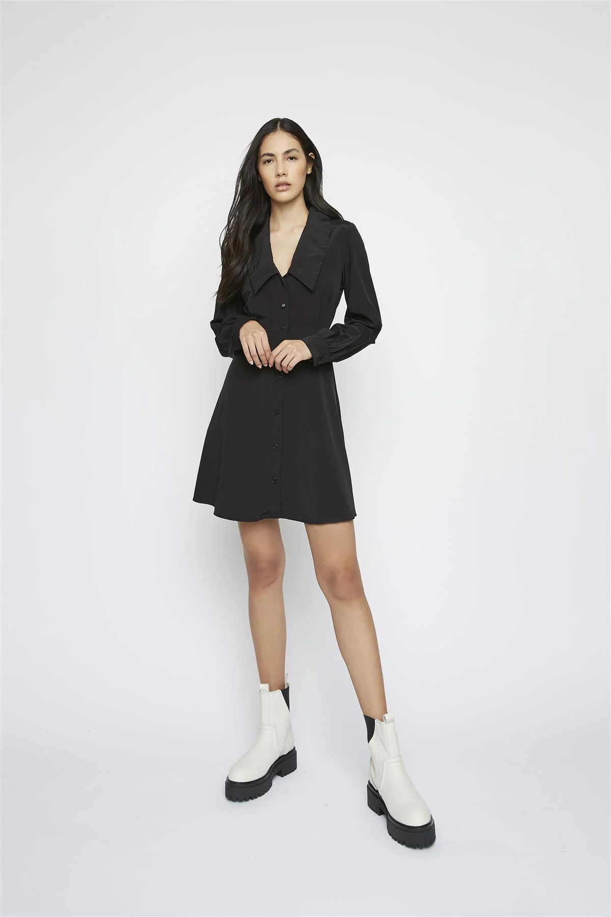 Black Long-Sleeve V-Neck Mini-Dress - Image 2