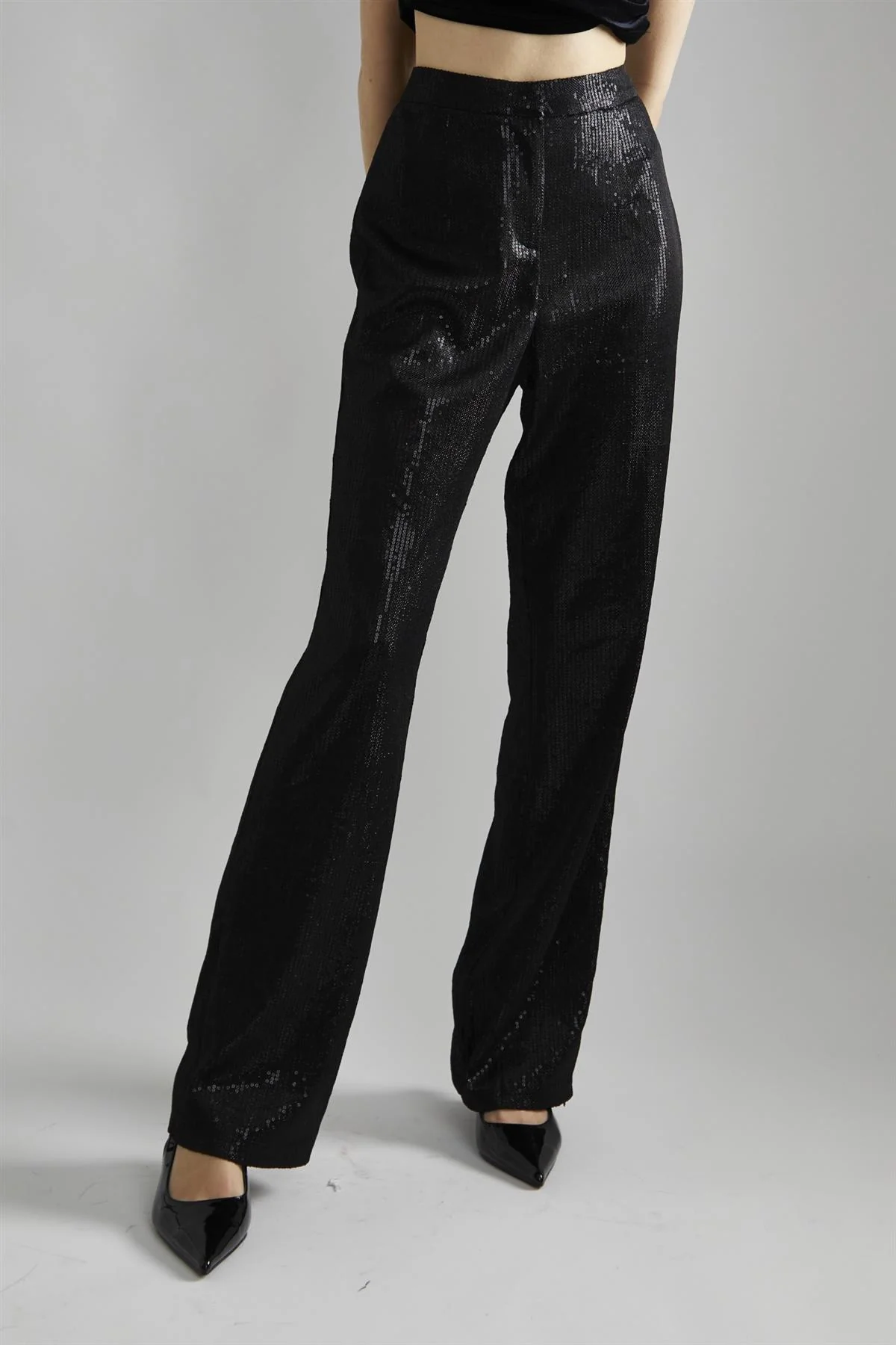 Black Metallic Sequin Slim Fit Trousers - Image 3