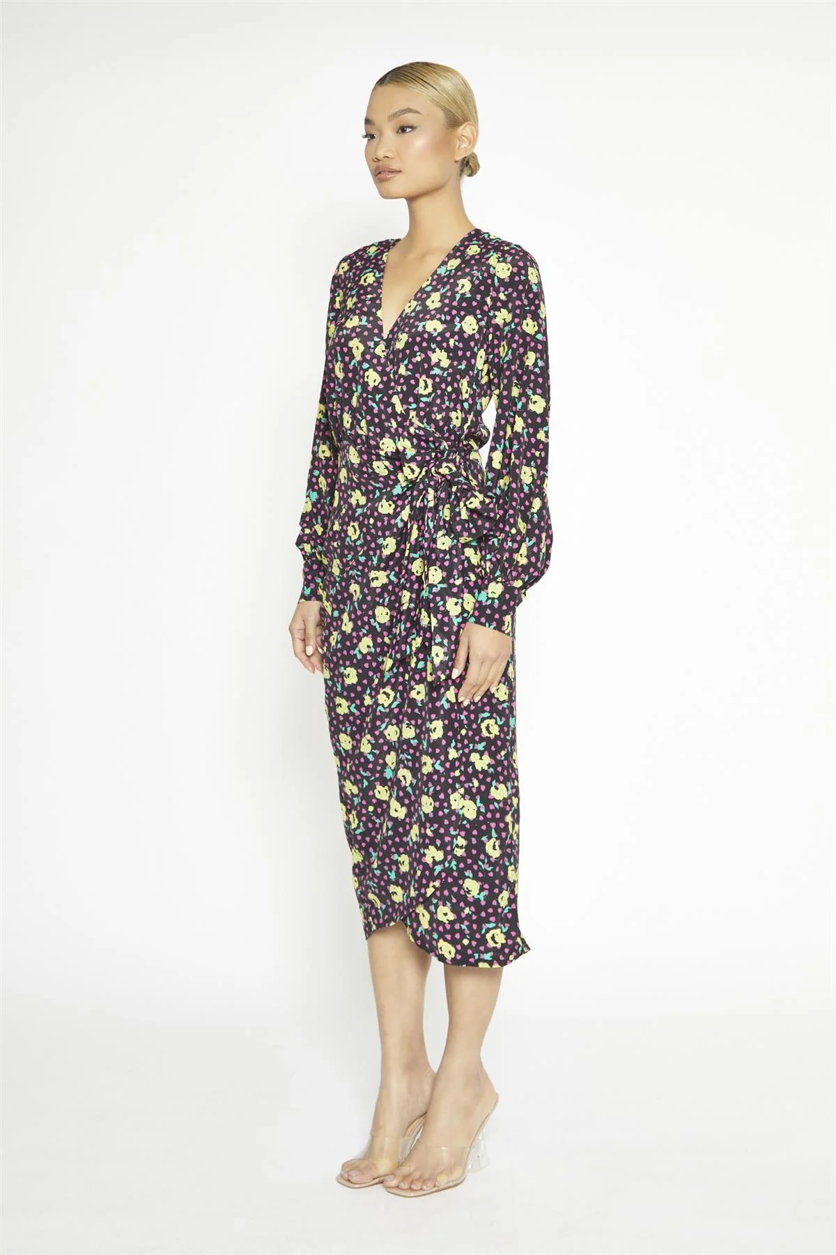 Black Multi-Roses Wrap Midi-Dress - Image 4