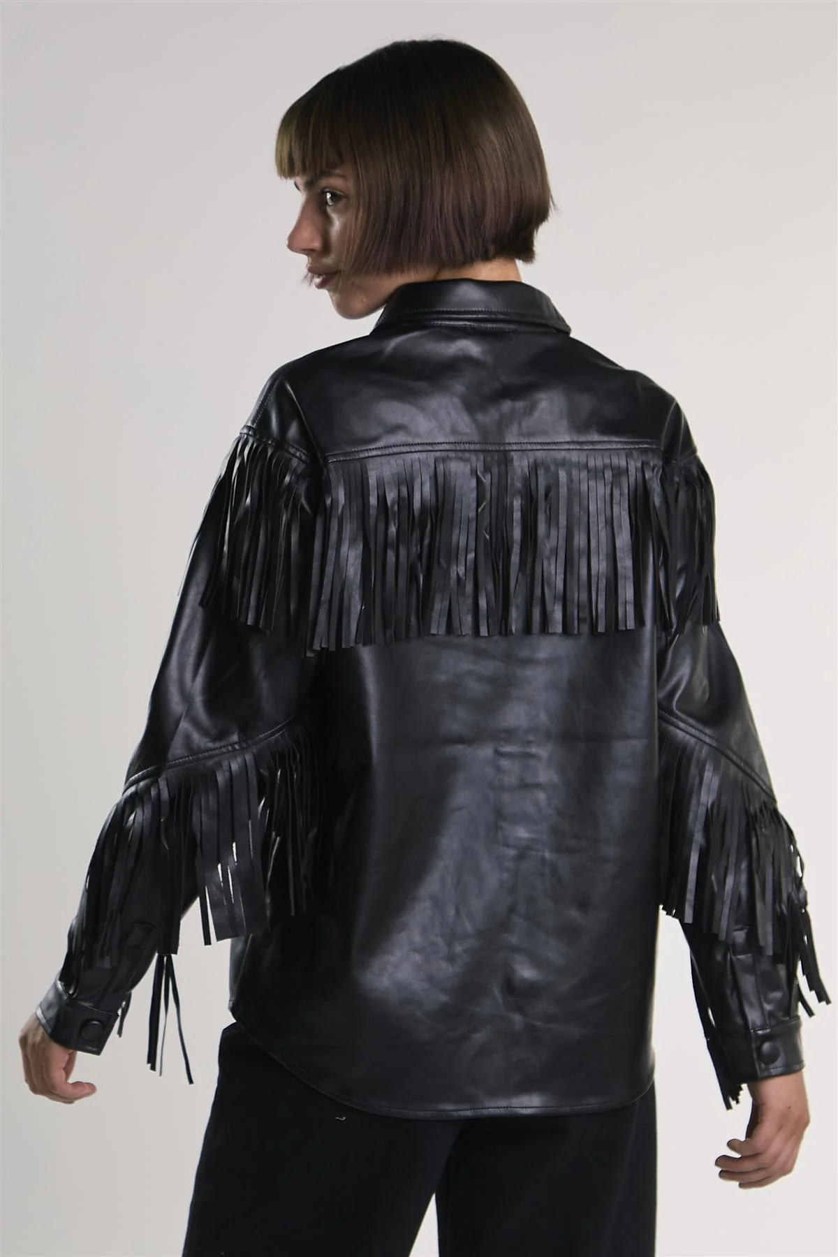 Black PU Faux-Leather Fringe Shirt - Image 2