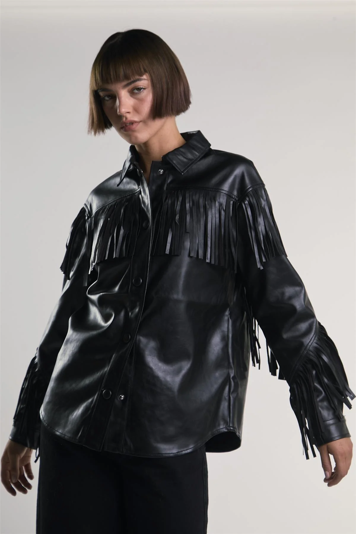 Black PU Faux-Leather Fringe Shirt - Image 3