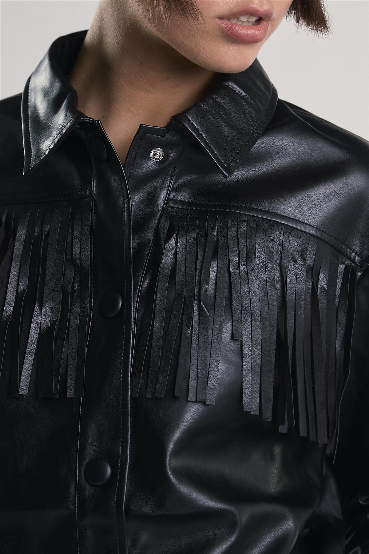 Black PU Faux-Leather Fringe Shirt - Image 4