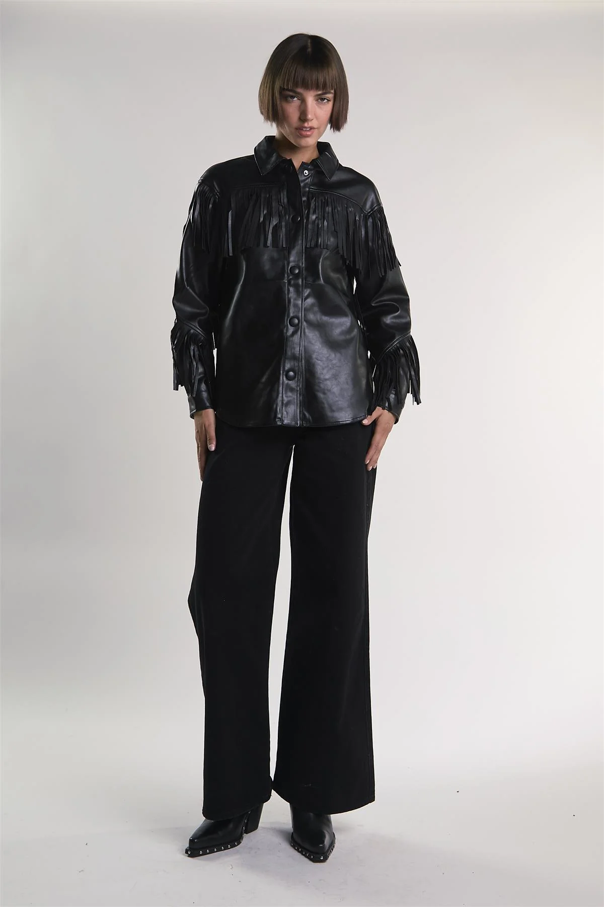 Black PU Faux-Leather Fringe Shirt - Image 5