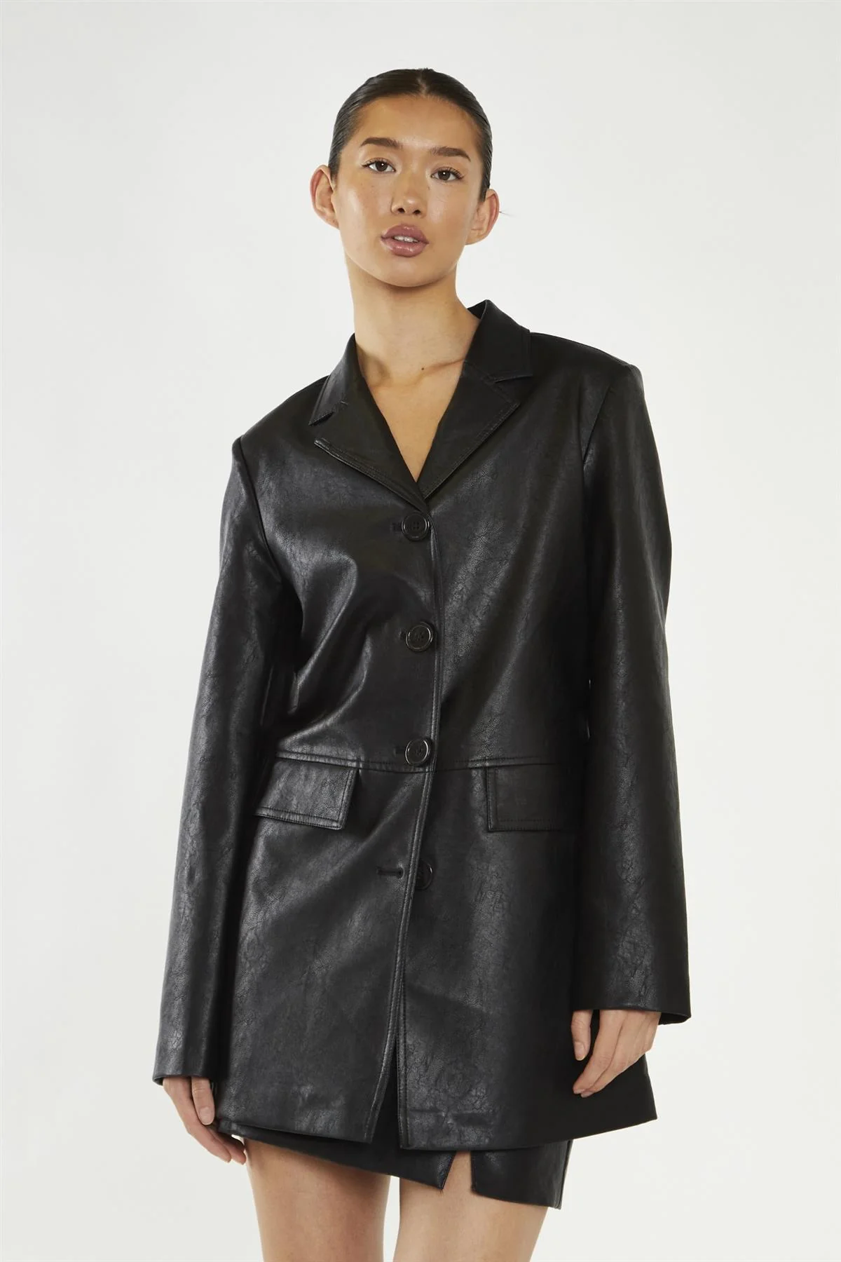 Black Oversized PU Smart Button Up Blazer - Image 3