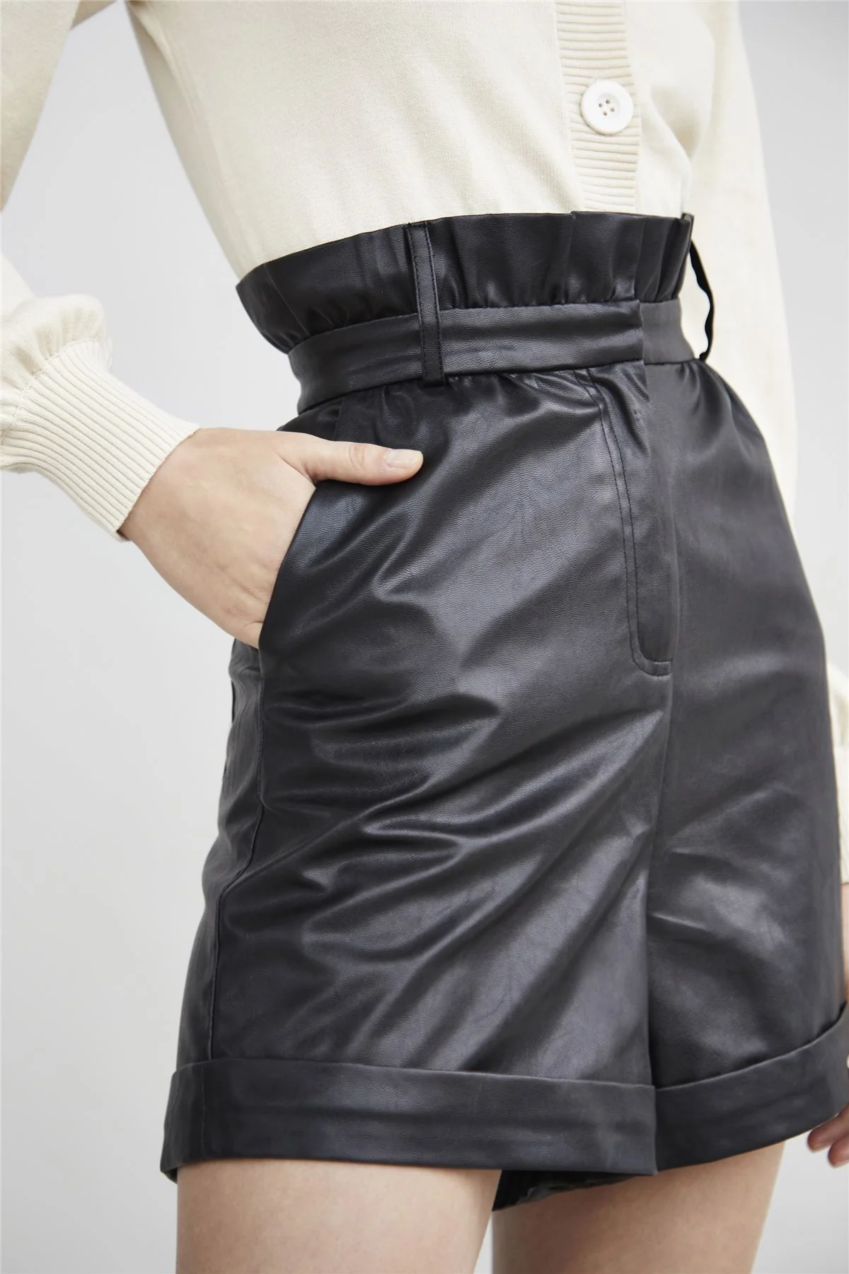 Black-PU Paper-Bag Shorts - Image 5