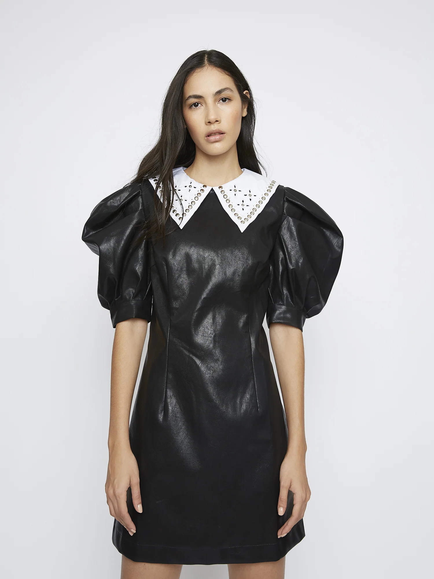 Glamorous Black PU Statement Collar Puff Sleeve Dress - Image 2