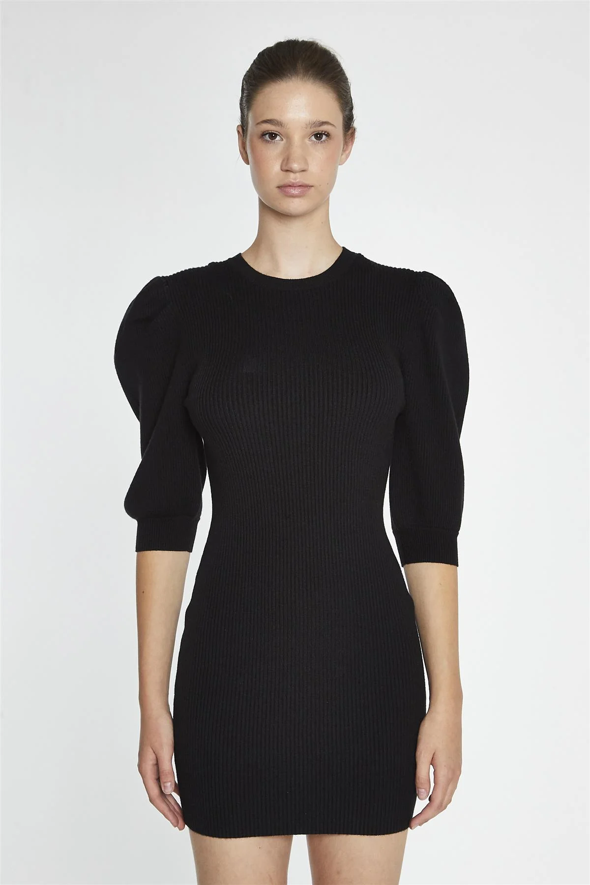 Black Puff-Sleeve Knitted Mini-Dress - Image 3