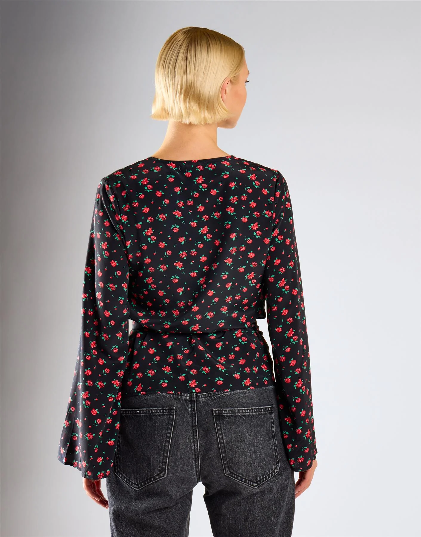 Black Red Roses Wrap Tie Waist Top - Image 4