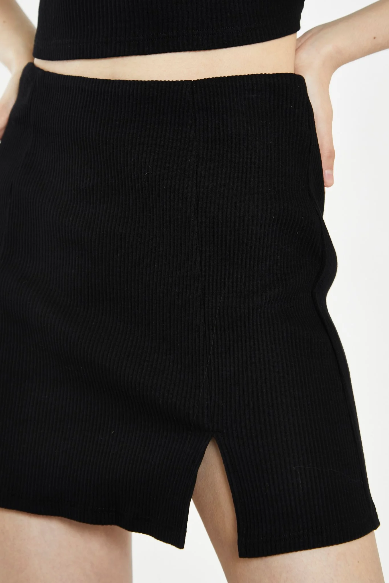 Black Rib Side Split Miniskirt - Image 4