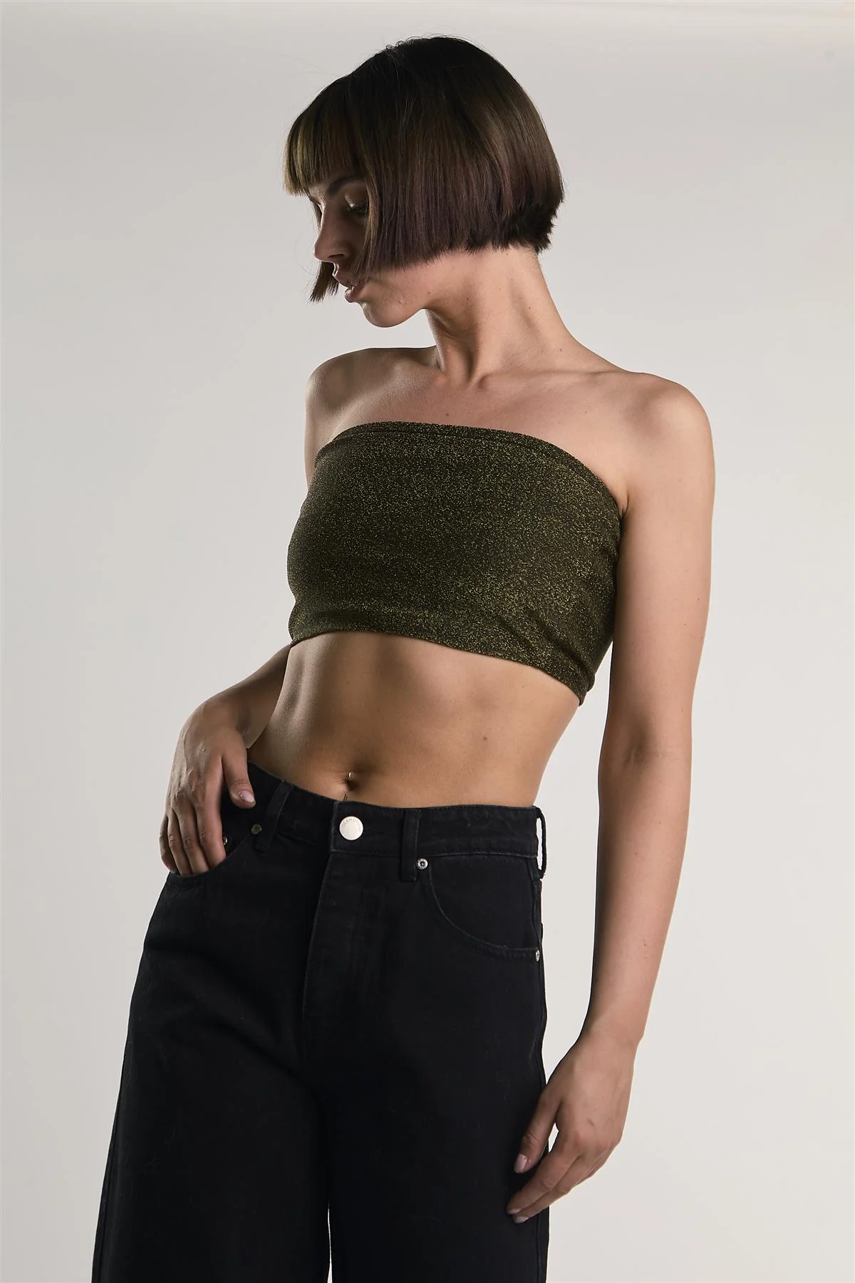 Black-Silver-Glitter Bandeau Crop-Top - Image 3