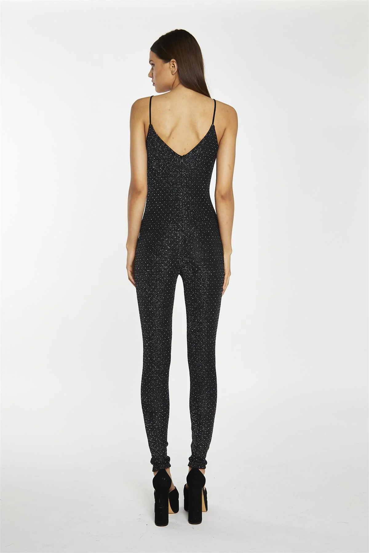 Black Silver Rhinestuds V-Neck Jumpsuit - Image 3