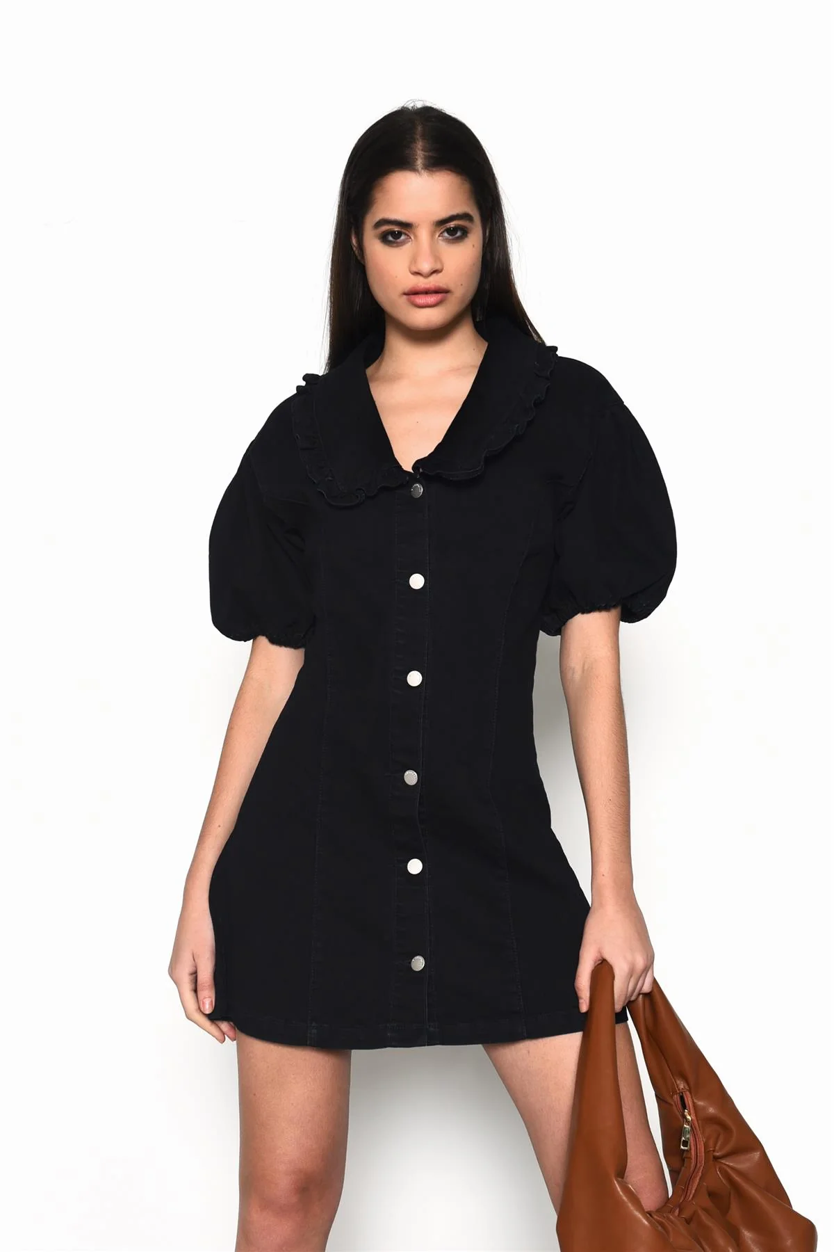 Black V-Neck Button Front Mini-Dress - Image 3