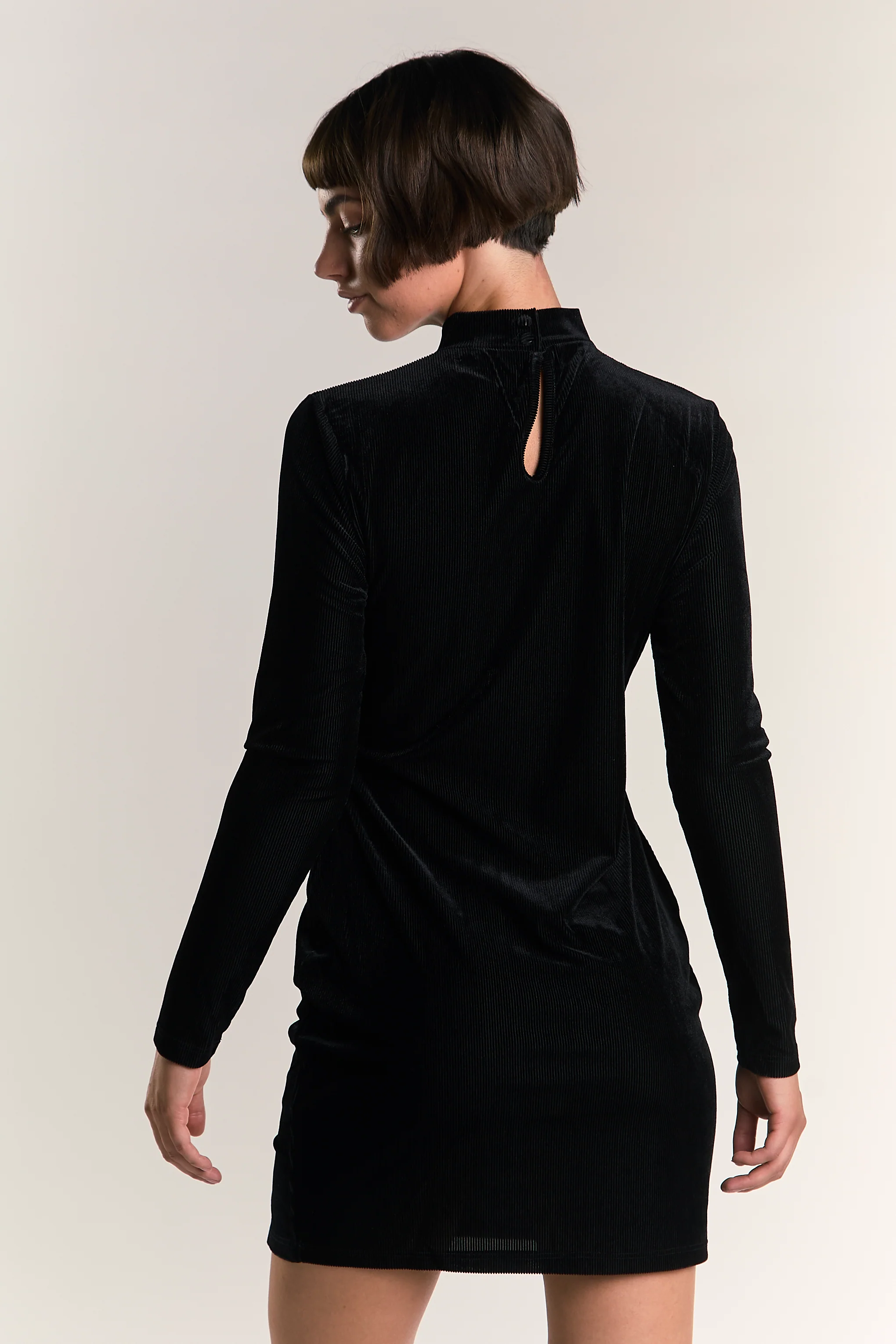 Black Velvet-Rib High-Neck Mini-Dress - Image 2