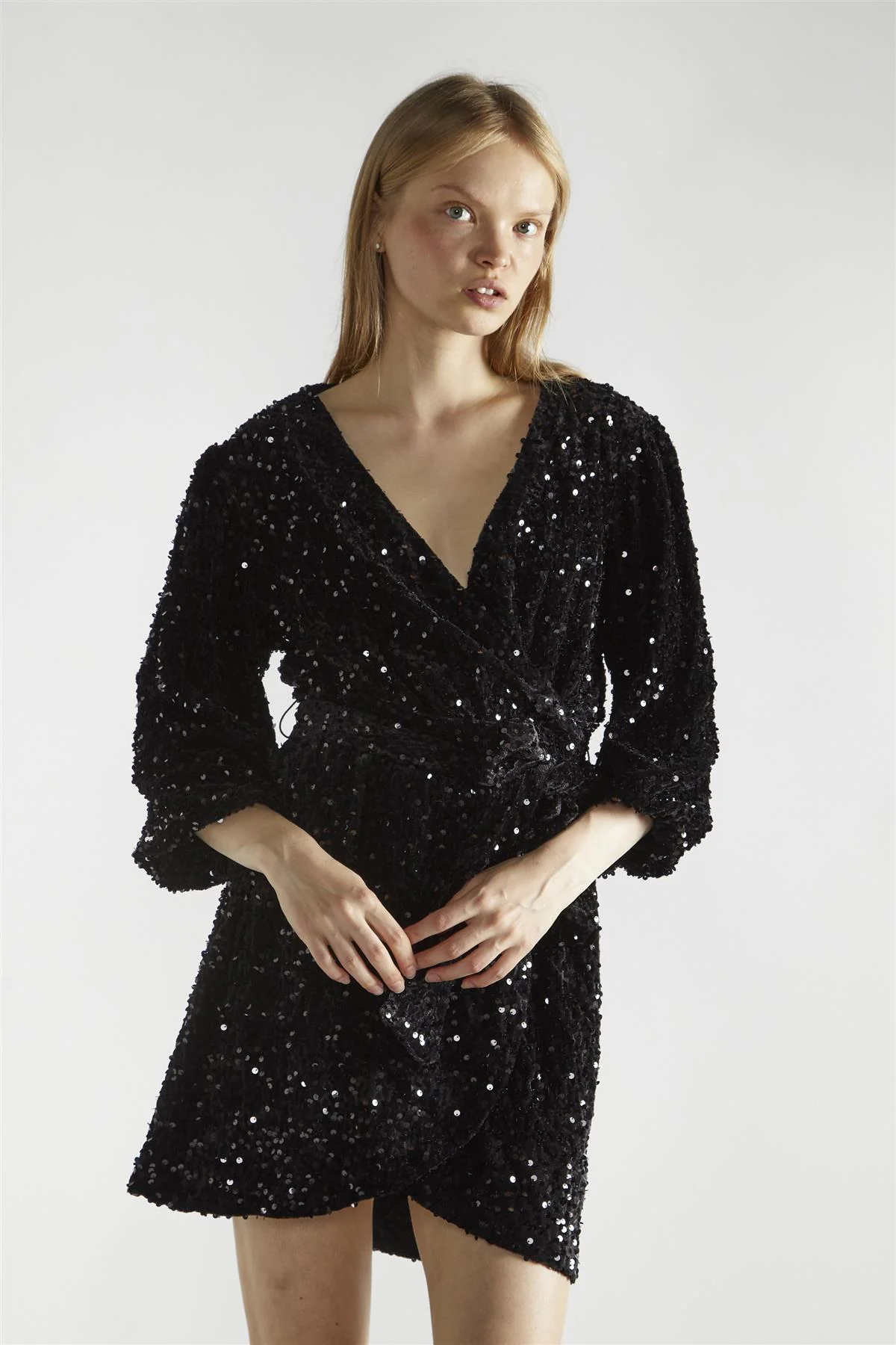 Black Velvet-Sequin Wrap Mini-Dress - Image 3