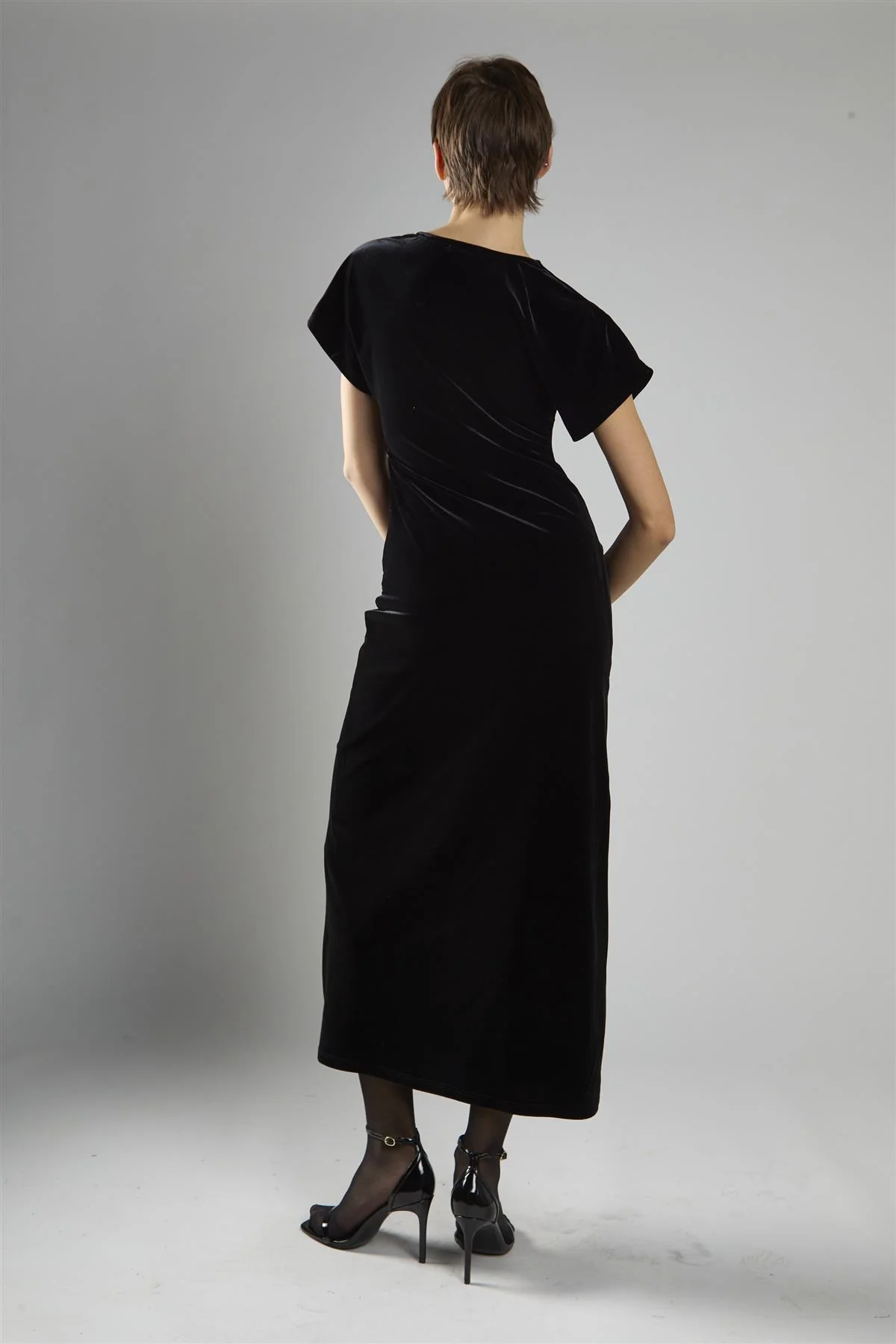 Black Velvet Short Sleeve V-Neck Maxi Dress - Image 2