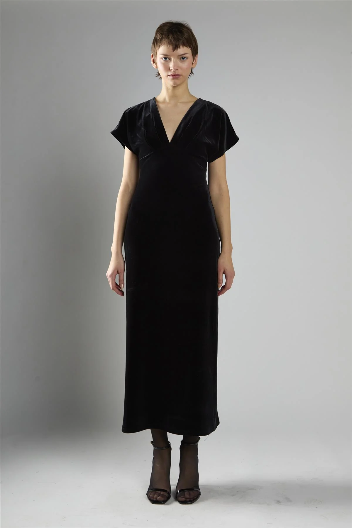 Black Velvet Short Sleeve V-Neck Maxi Dress - Image 5
