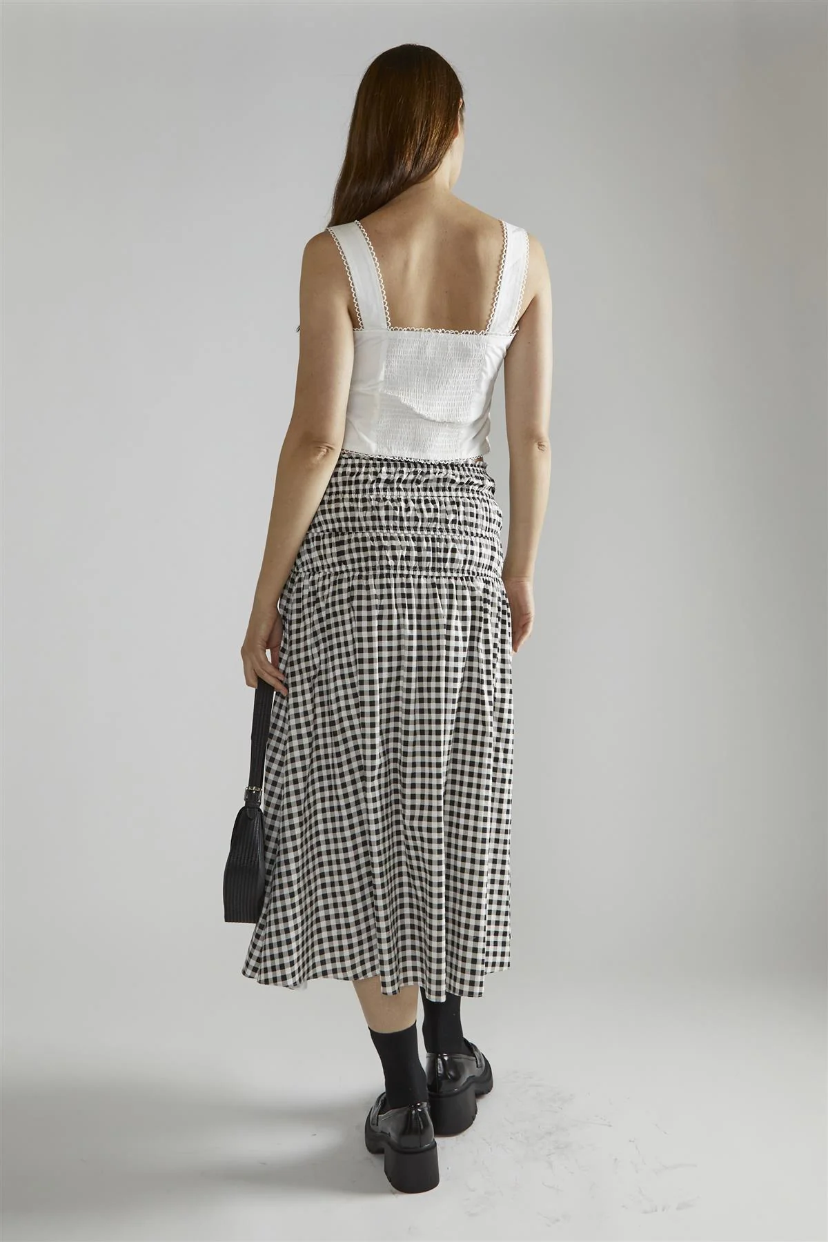 Black-White-Gingham-Print Smocked Midi-Skirt - Image 2