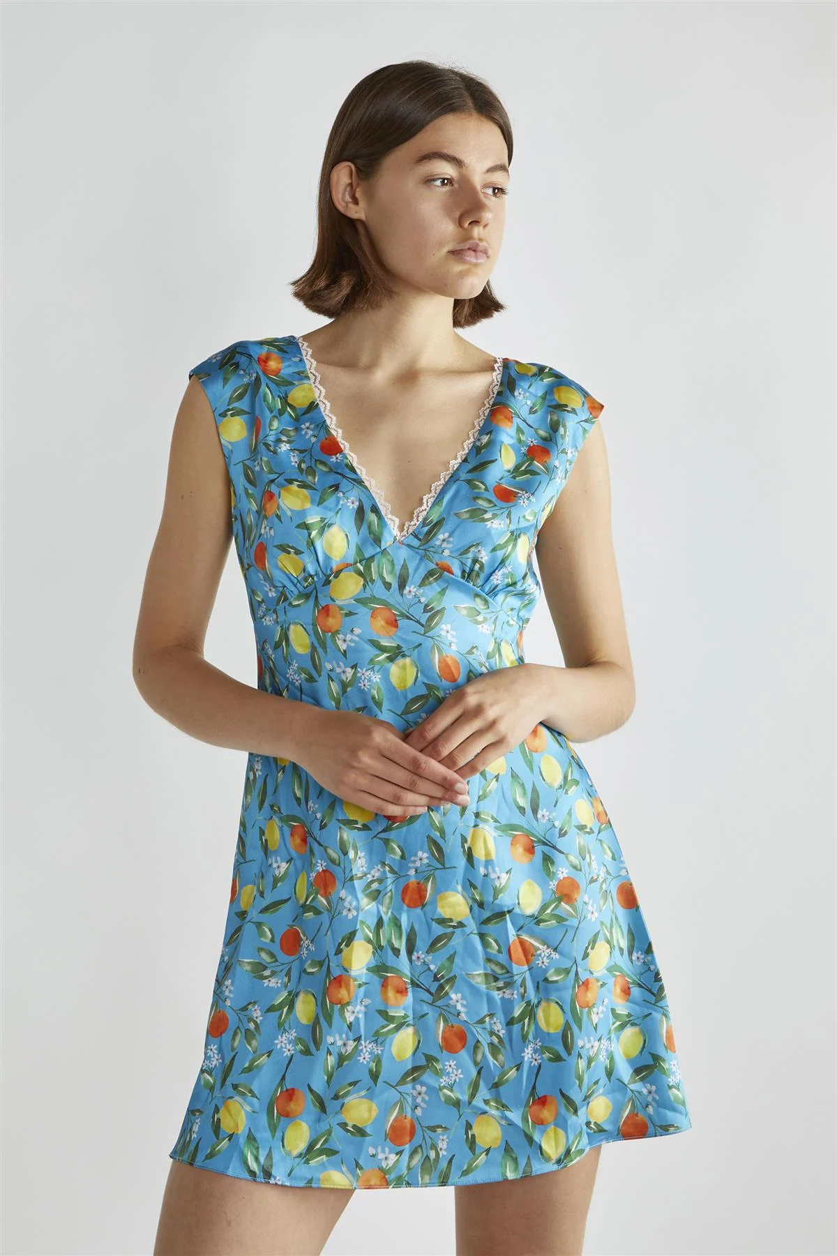 Blue Lemon-Print V-Neck Mini-Dress - Image 3