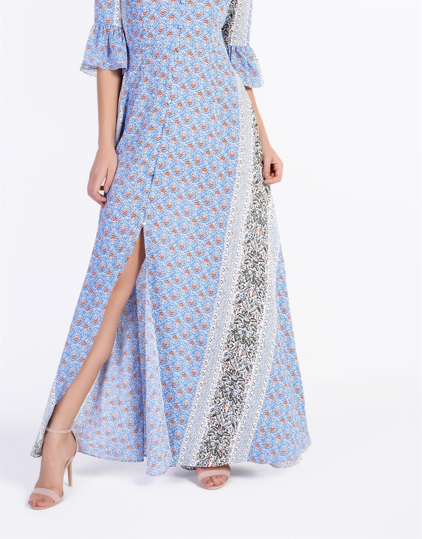 Blue-Rust Border Button-Front Maxi-Dress - Image 3