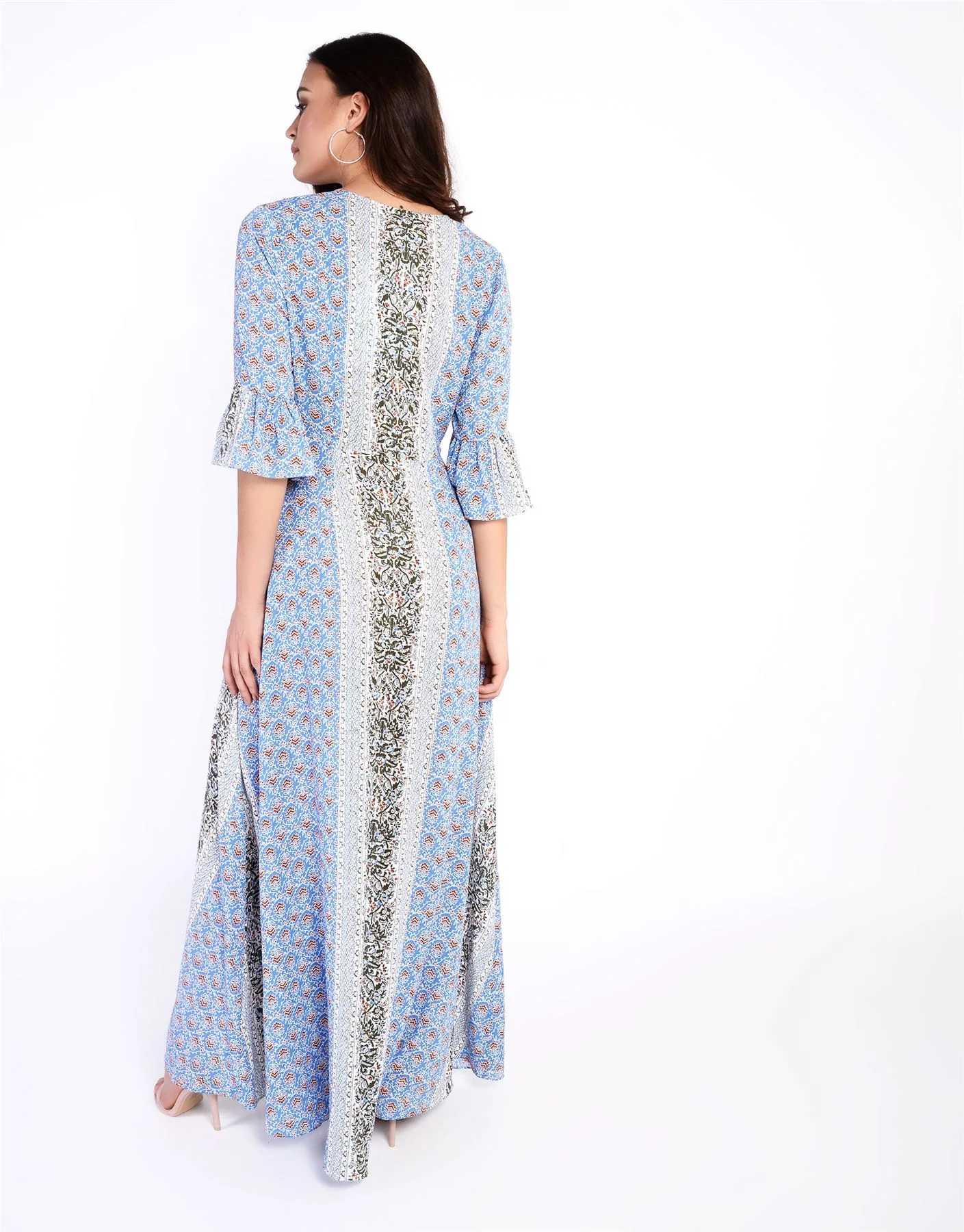 Blue-Rust Border Button-Front Maxi-Dress - Image 7