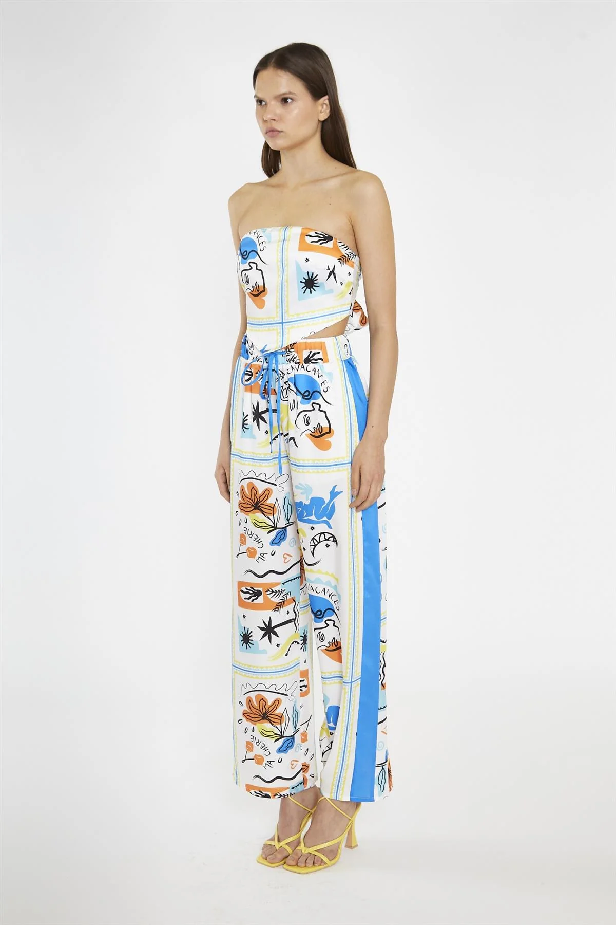 Blue Scarf-Print Contrast Stripe Wide-Leg-Trousers - Image 4