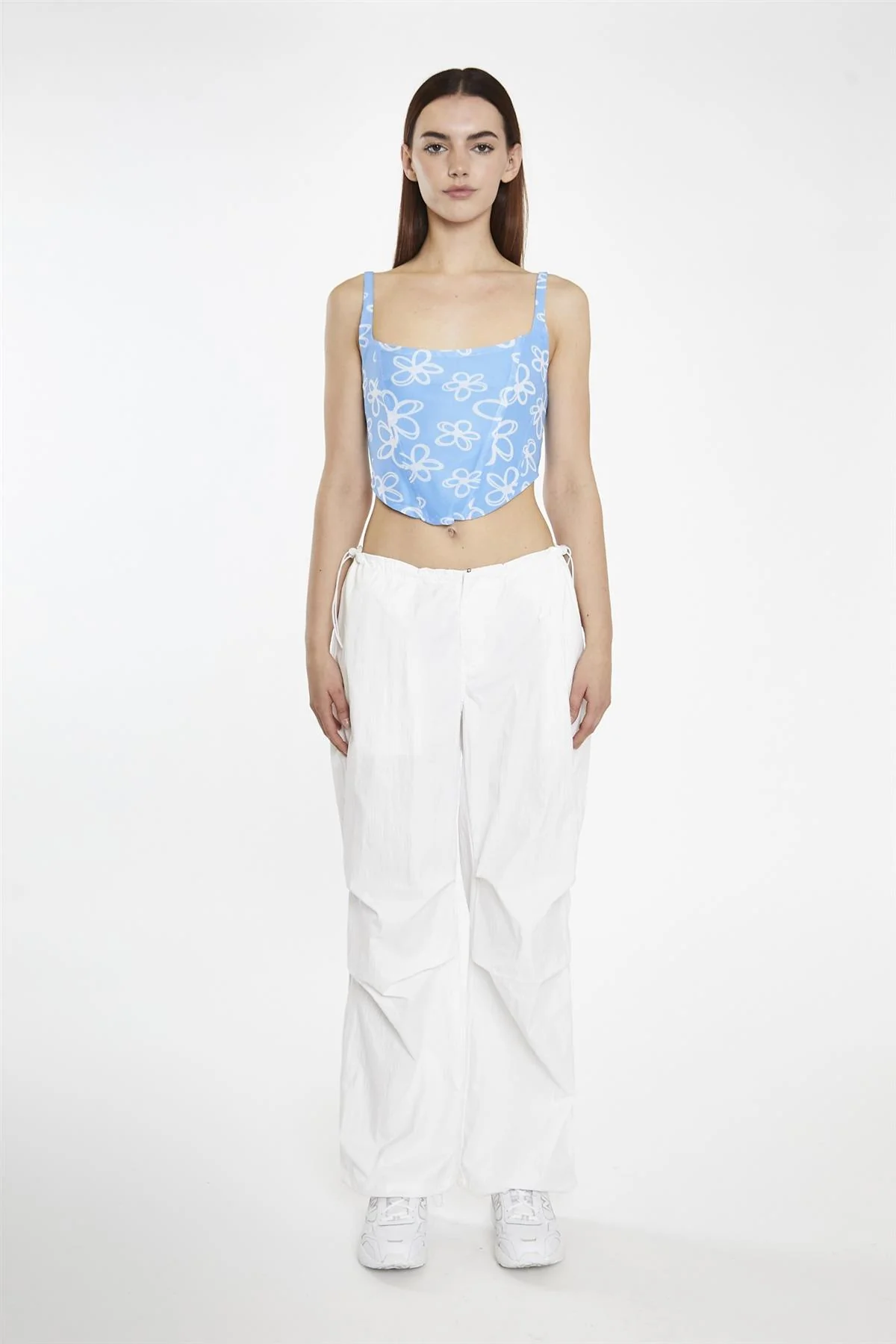 Blue-Scribble-Daisy-Mesh Sleeveless-Corset- Crop-Top