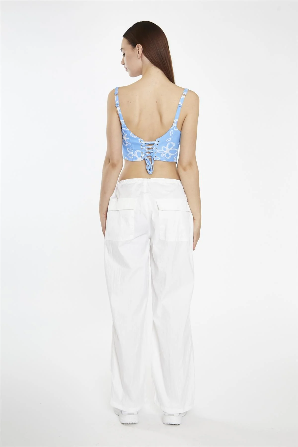 Blue-Scribble-Daisy-Mesh Sleeveless-Corset- Crop-Top - Image 2