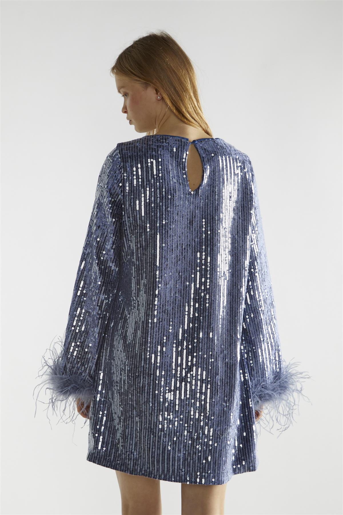 Blue-Sequin Feather Cuff Mini-Dress - Image 2