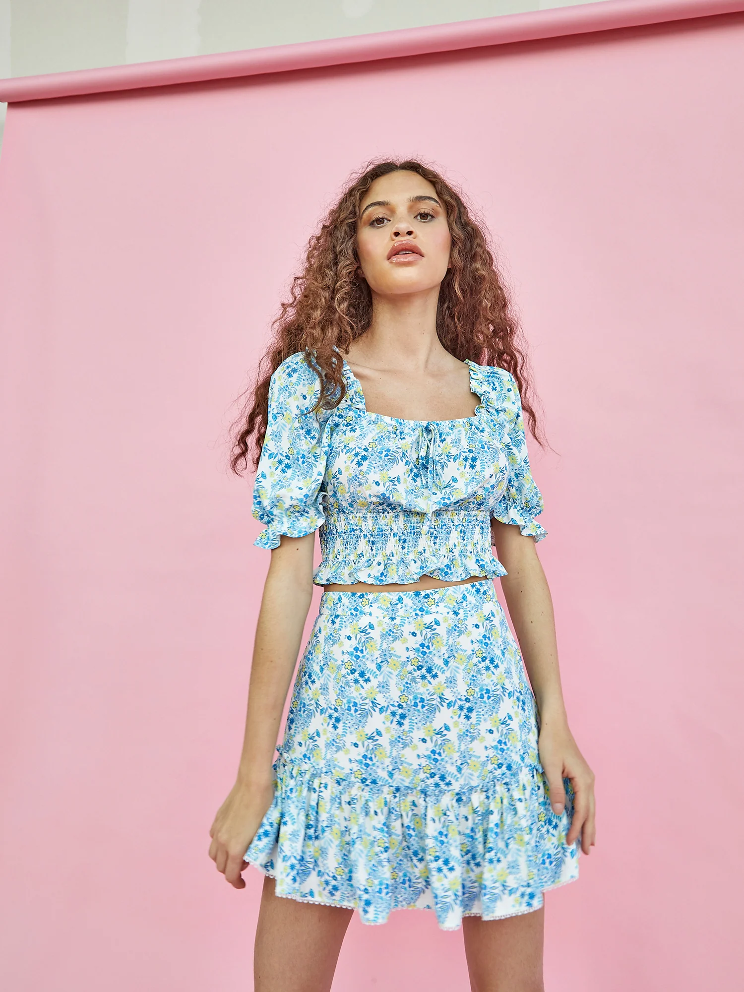 Glamorous Blue Yellow Floral Puff Sleeve Top - Image 2
