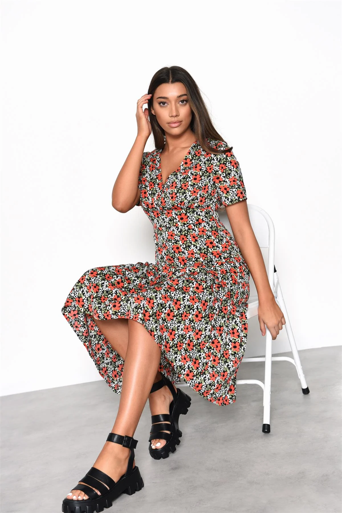 Bold-Multi-Floral V-Neck Midi-Dress - Image 3